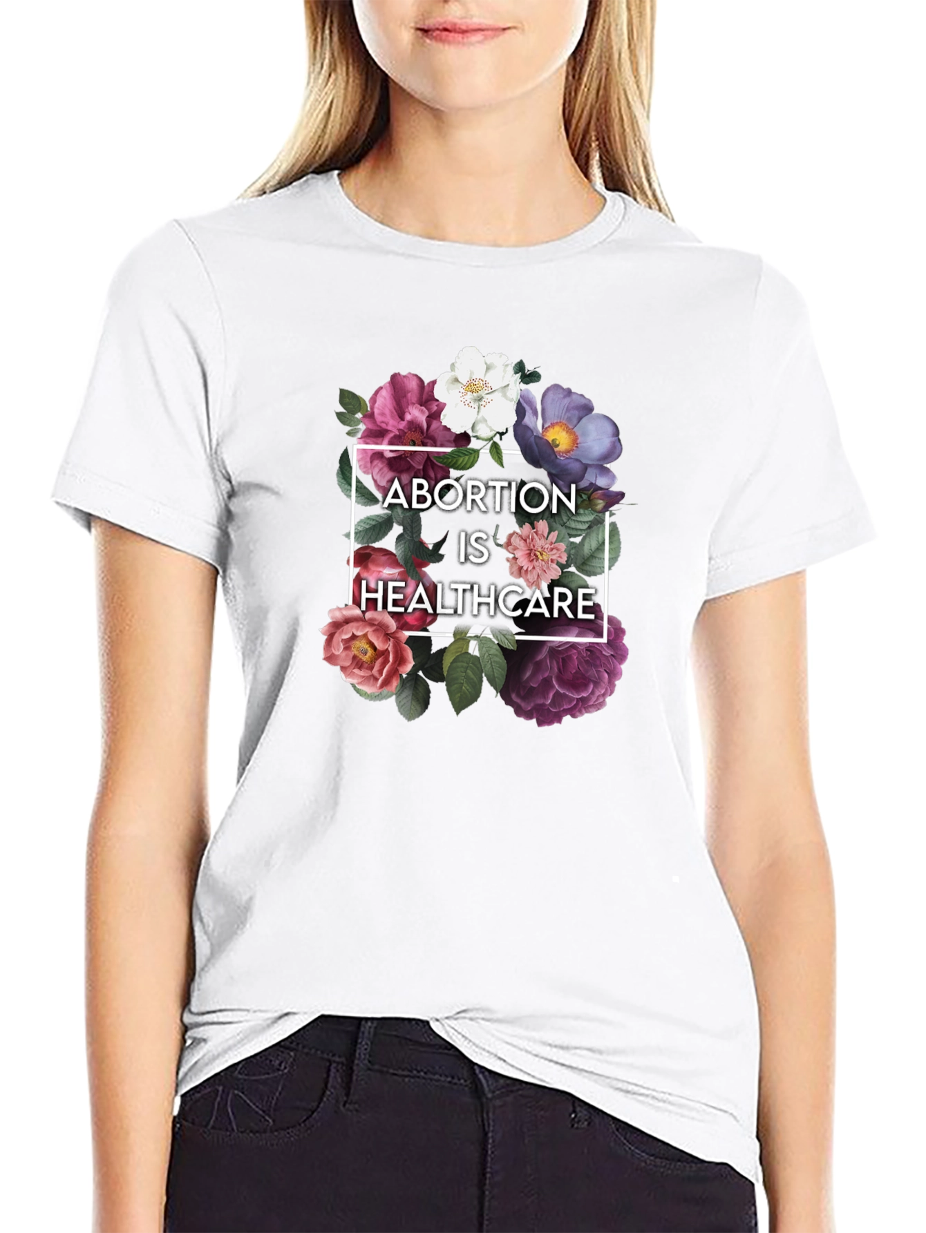Black Floral Abortion is Healthcare Black T-Shirt view 9