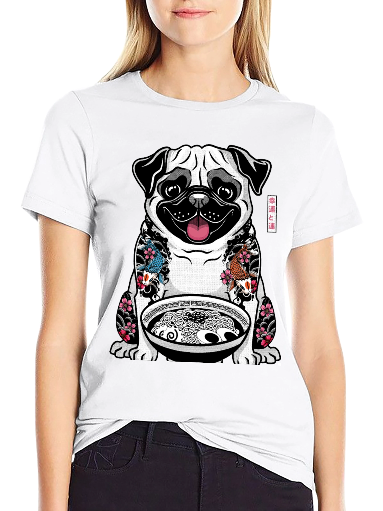 Black Ramen Pug Graphic T-Shirt - Unique Design view 9