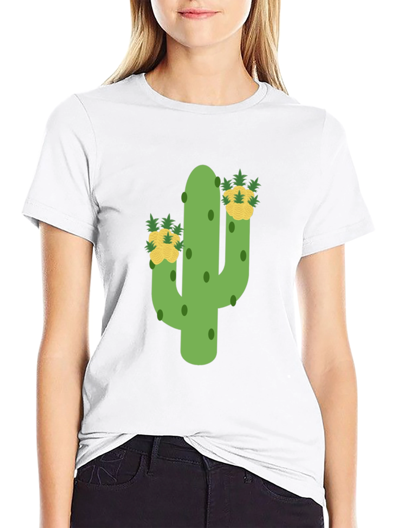 Black Cactus & Pineapple Tee - Whimsical Graphic Print view 9