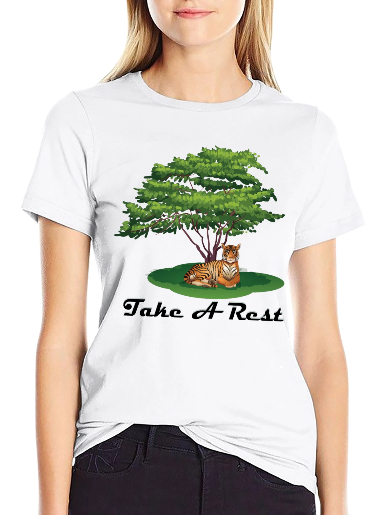 Black Men's Black Tiger Resting Under Tree Graphic Tee view 9