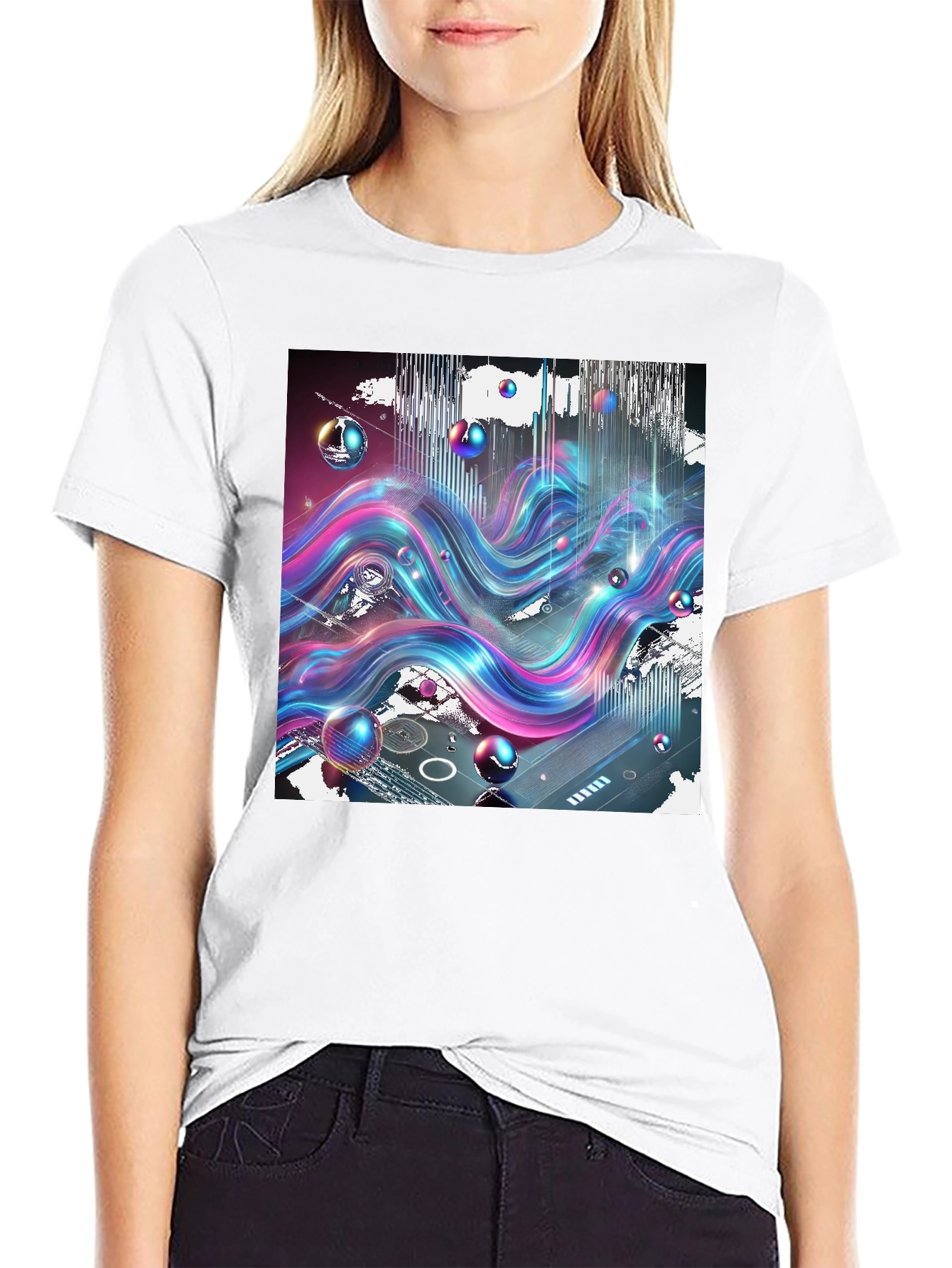 Black Vibrant Wave T-Shirt: Abstract Art Print view 9