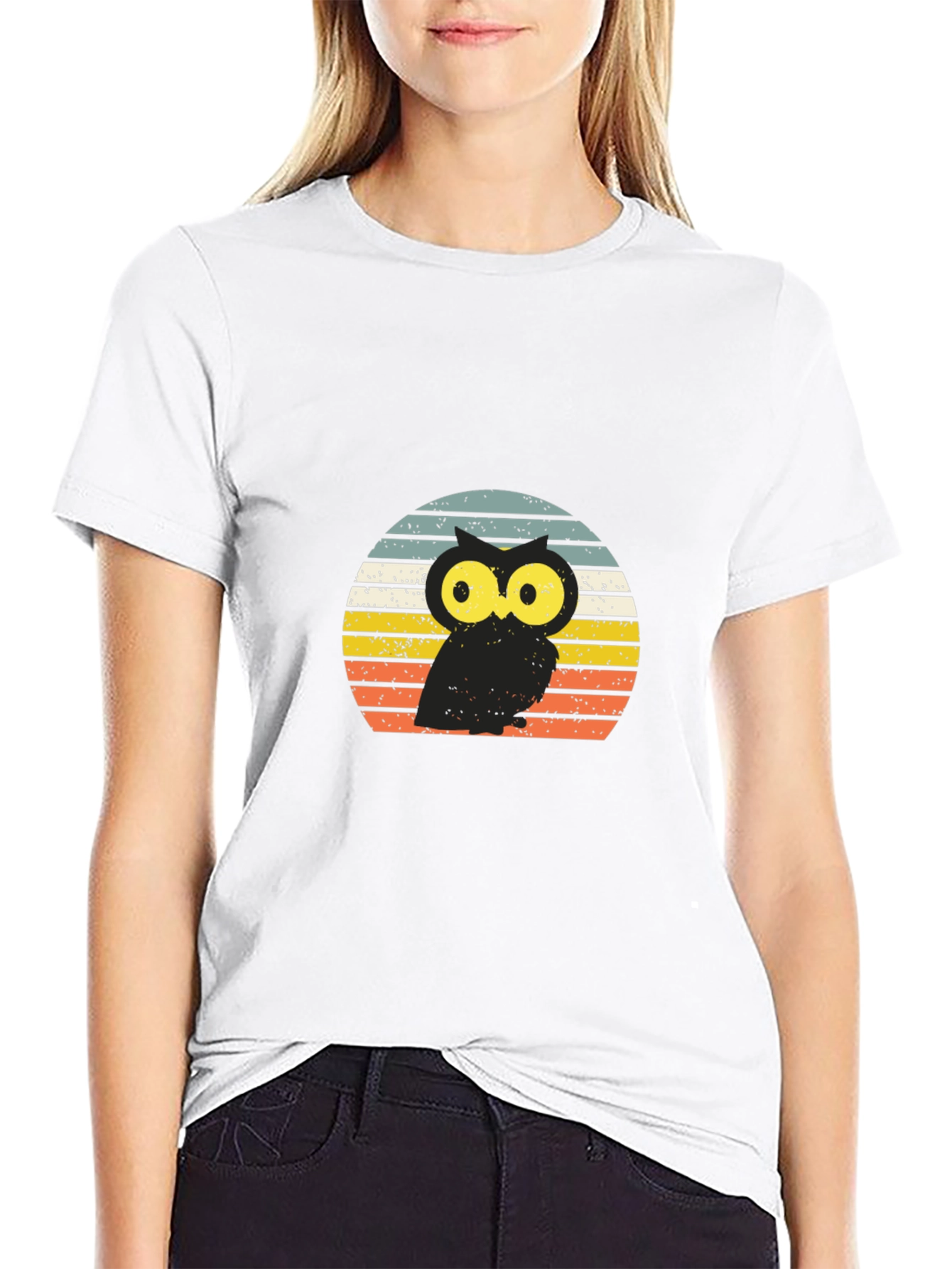 Black Retro Owl T-Shirt - Vintage Sunset Design view 9