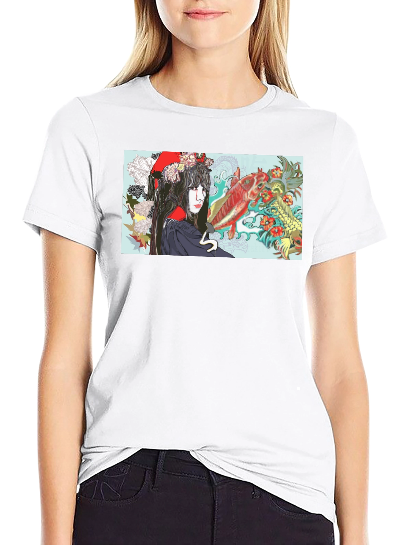 Black Koi Fish Geisha Graphic T-Shirt view 9
