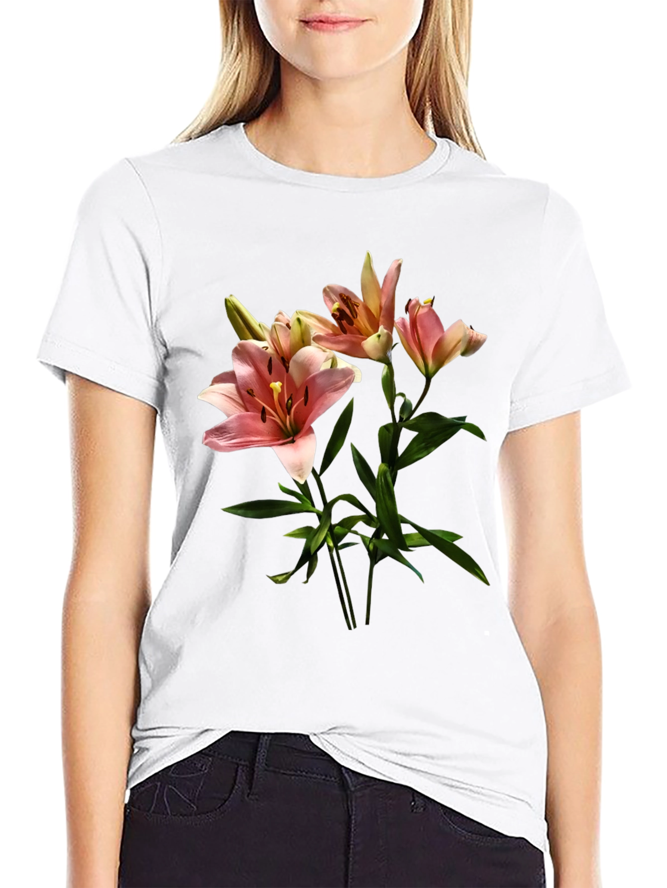 Black Floral Lily Print Black T-Shirt view 9