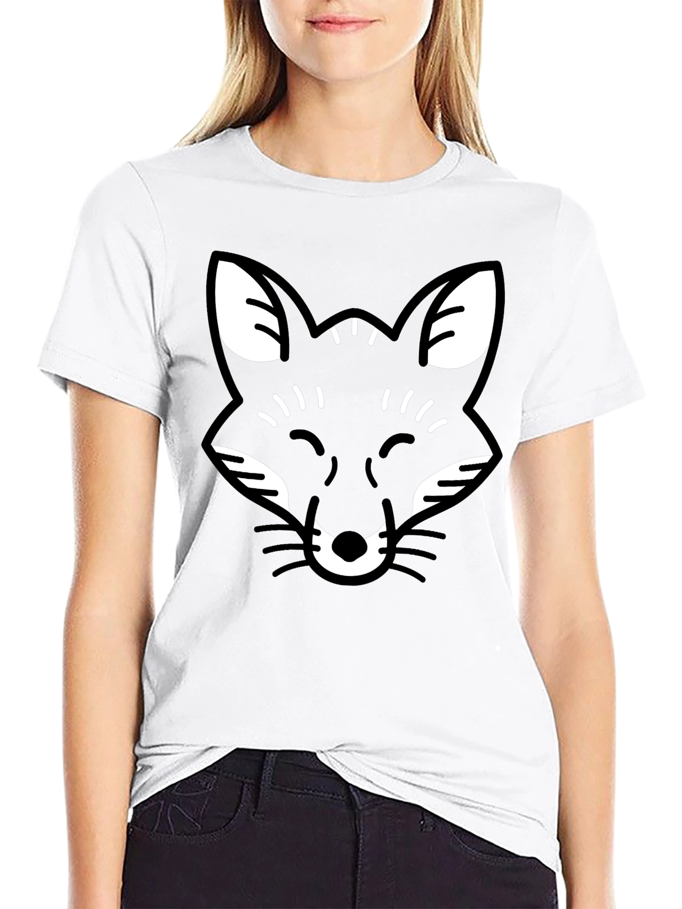 Black Black Fox Face Graphic Tee - Casual Crew Neck T-Shirt view 9