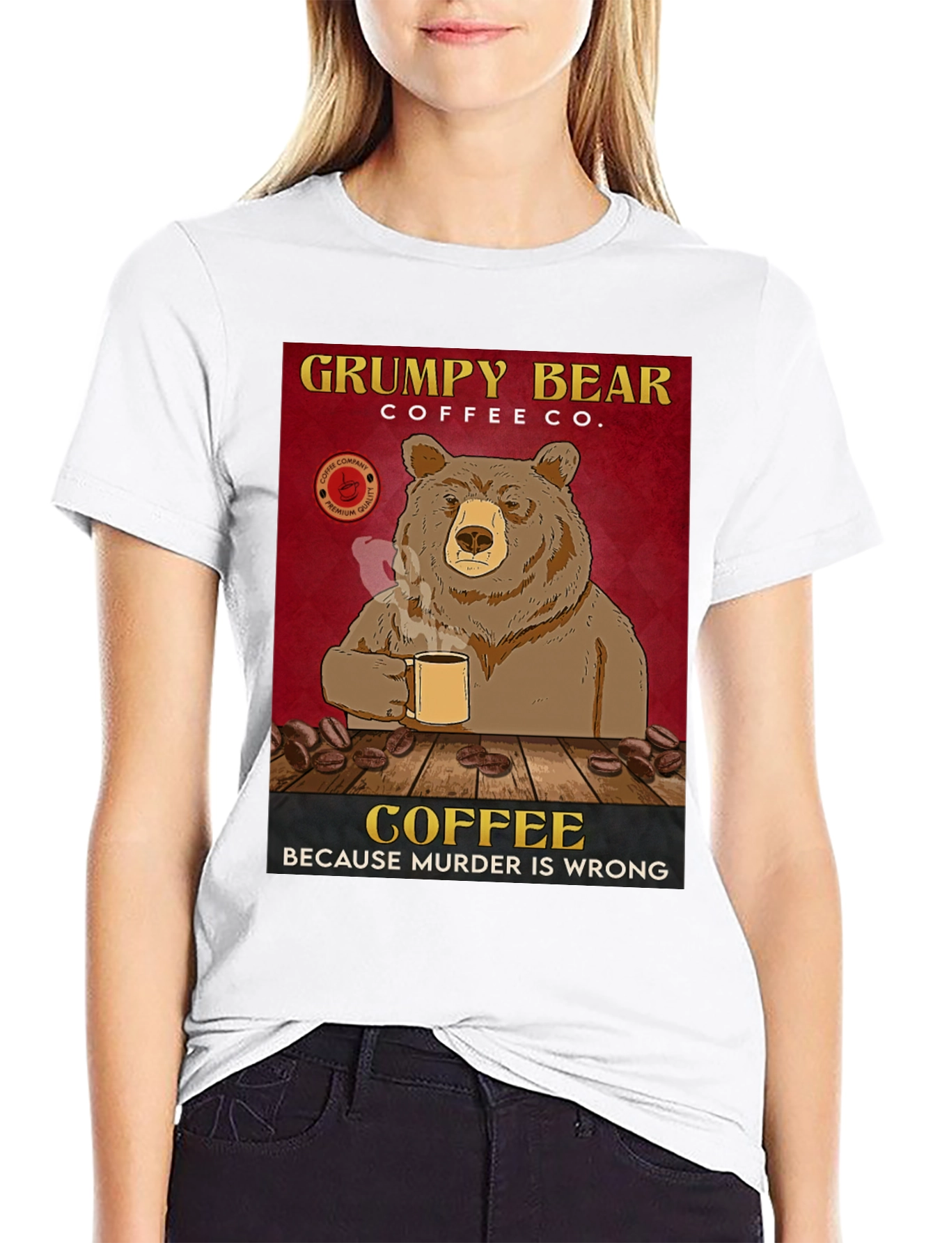 Black Grumpy Bear Coffee Co. T-Shirt - Coffee Because Murder is Wrong view 9