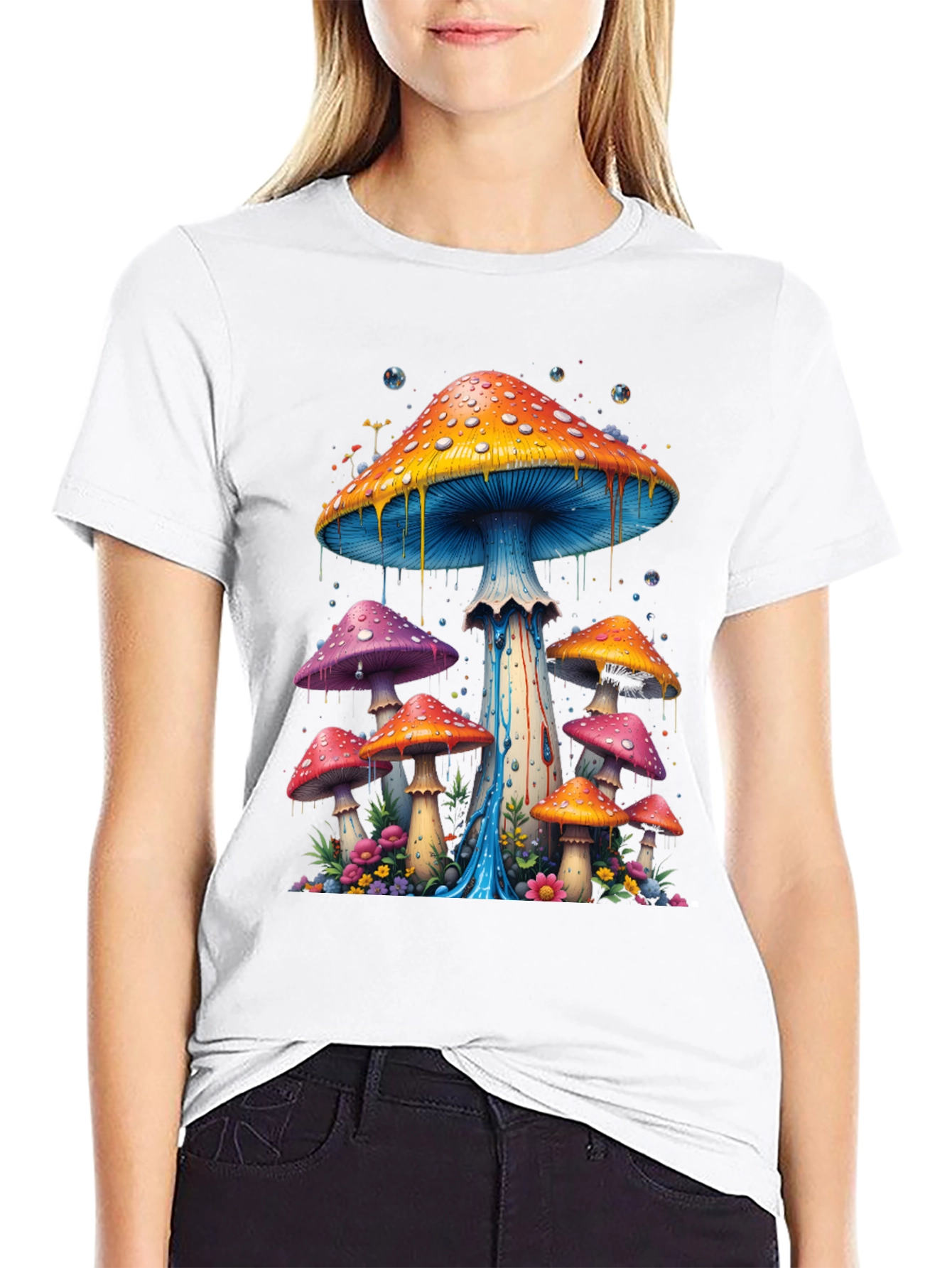 Black Psychedelic Mushroom Graphic Tee - Black Cotton Blend view 9