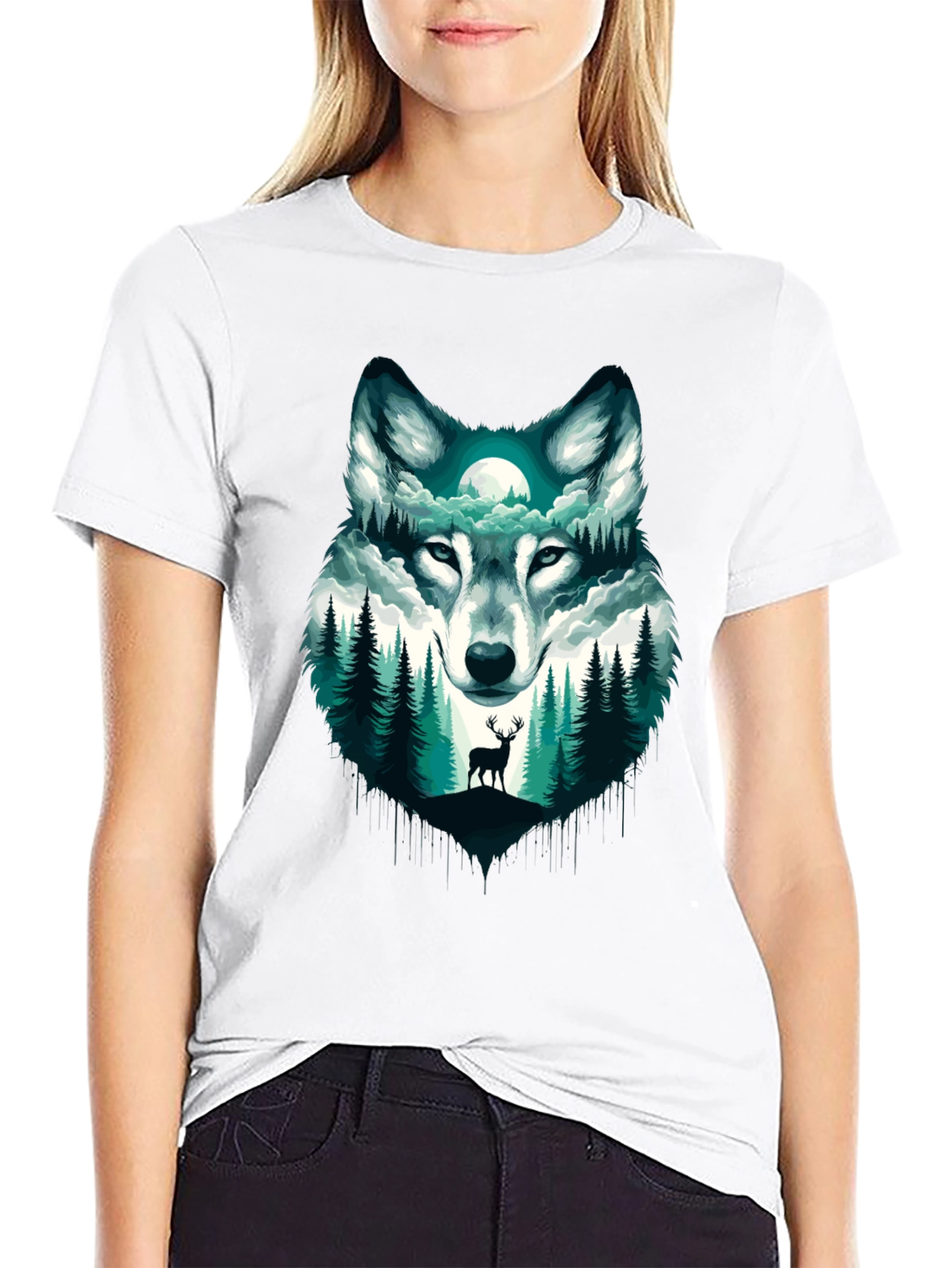 Black Wolf & Forest Graphic Tee - Nature Inspired Design view 9