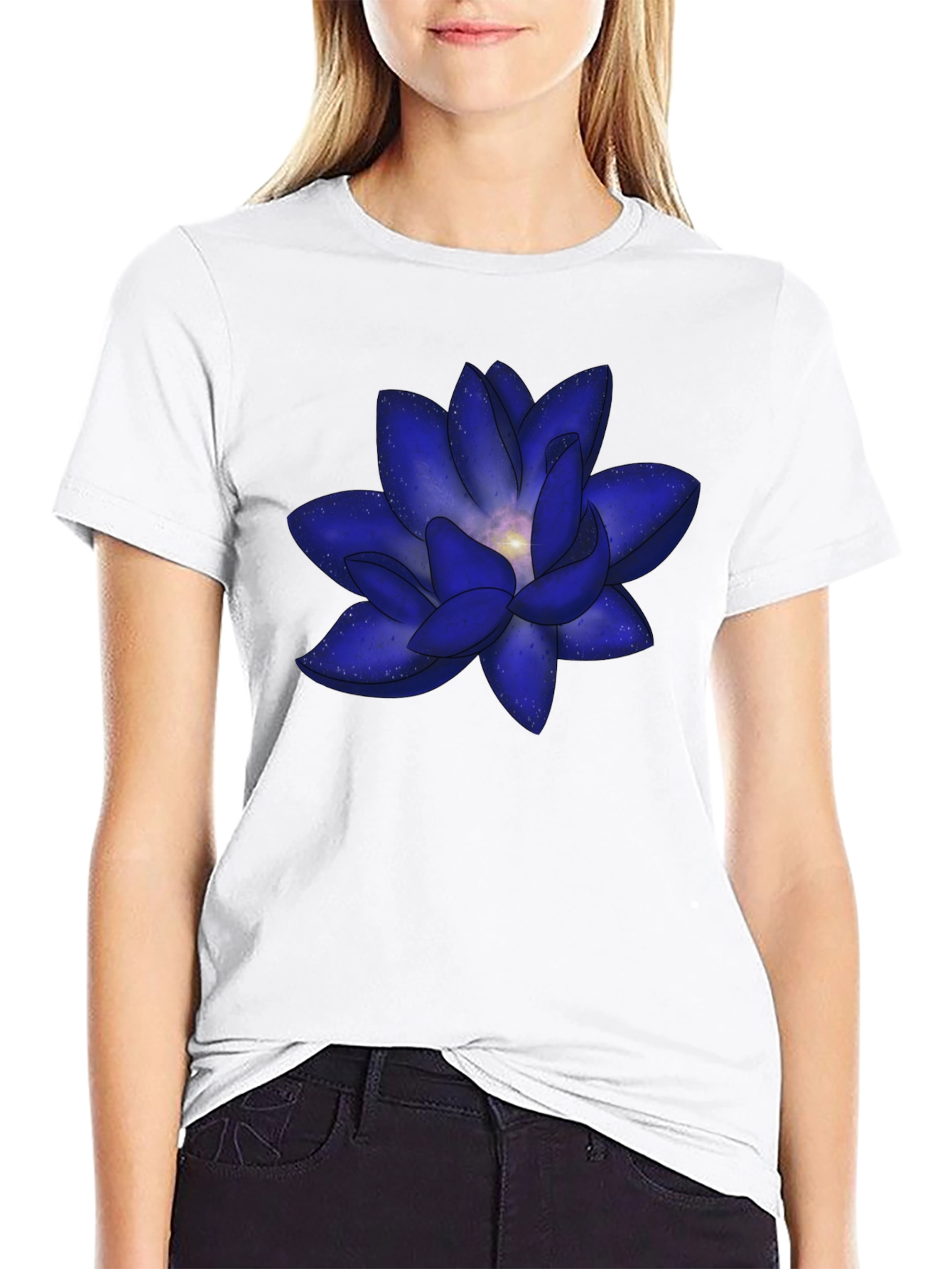 Black Blue Space Lotus Graphic T-Shirt - Modern Design view 9
