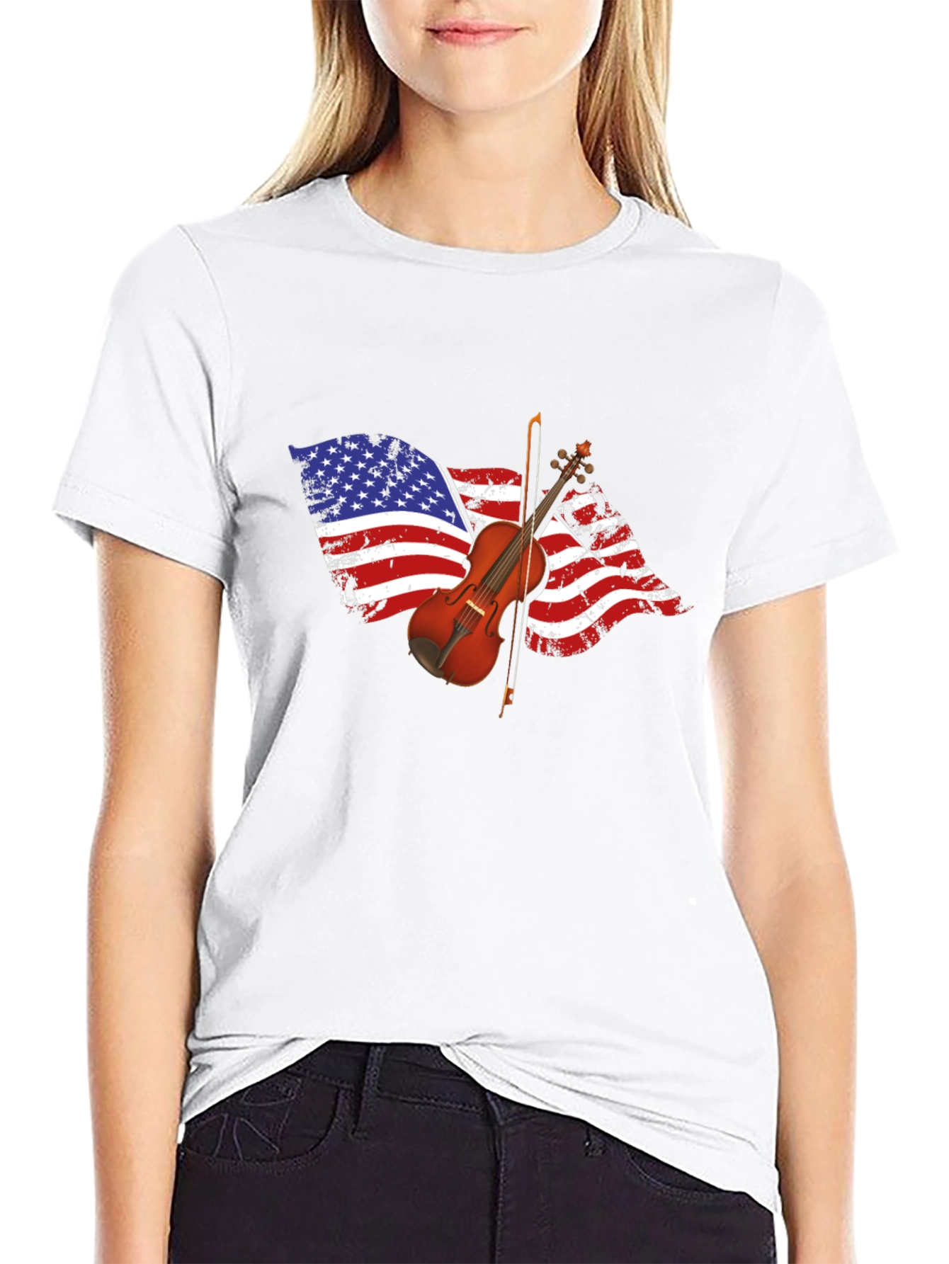 Black American Flag Violin Graphic T-Shirt view 9