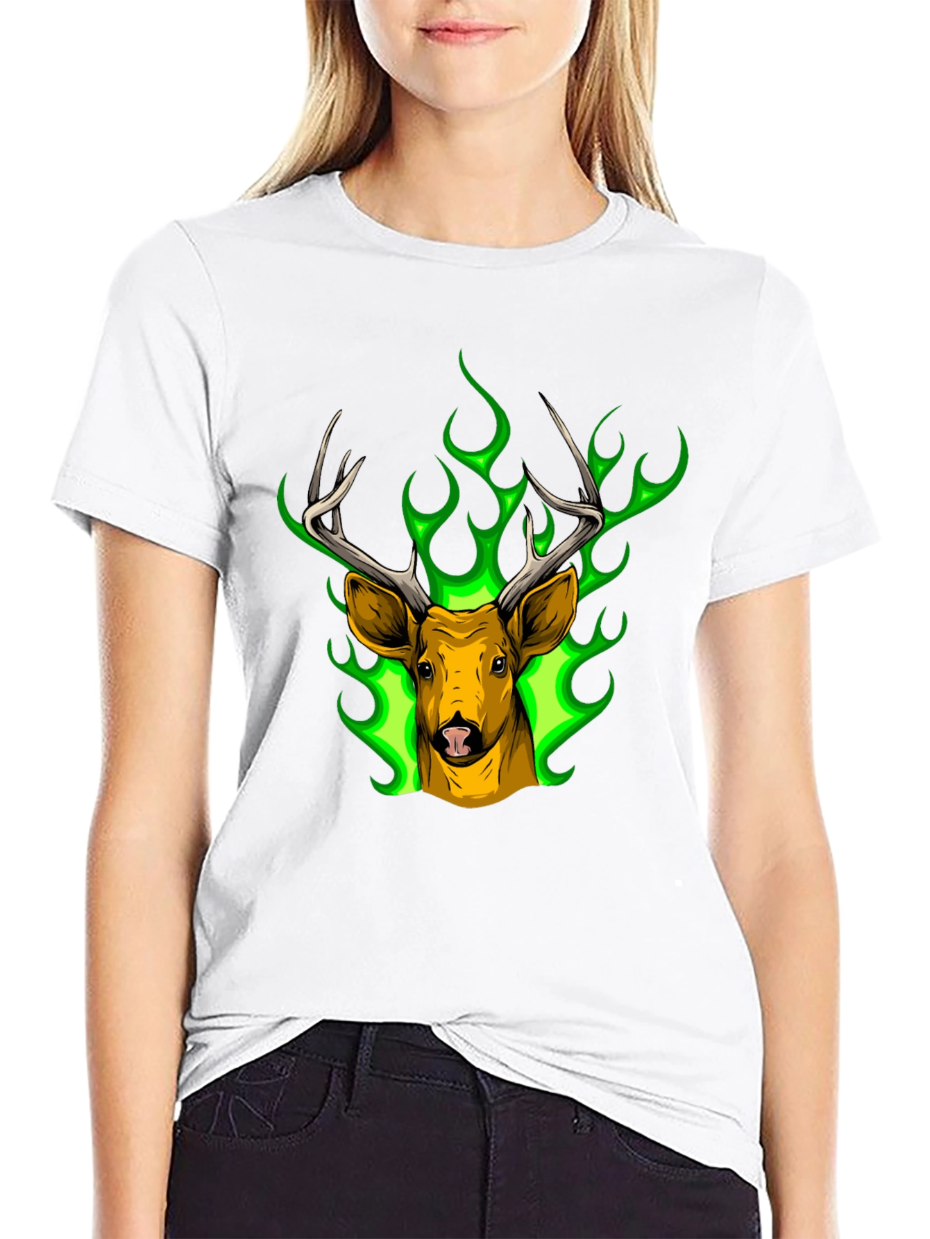Black Deer Head Graphic Tee - Green Flame Stag Design view 9