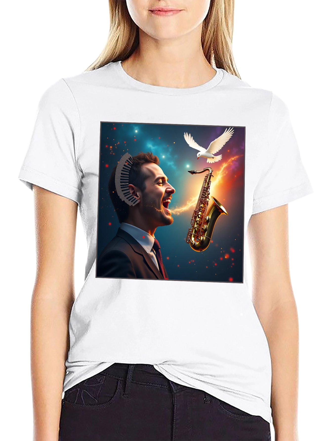 Black Musical Mind T-Shirt - Artistic Saxophone Design view 9