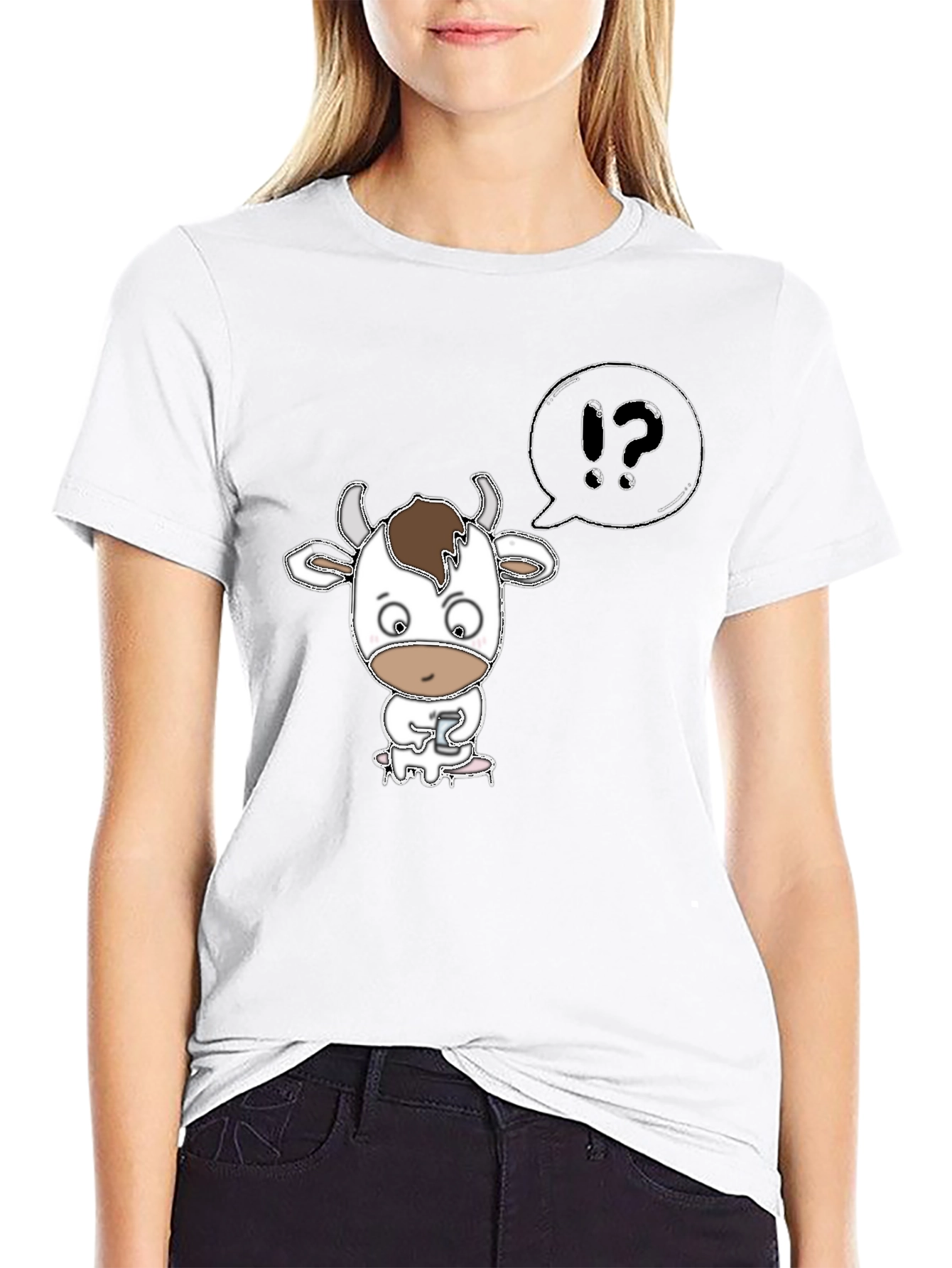 Black Cow Cartoon T-Shirt: "What?" Black Tee view 9
