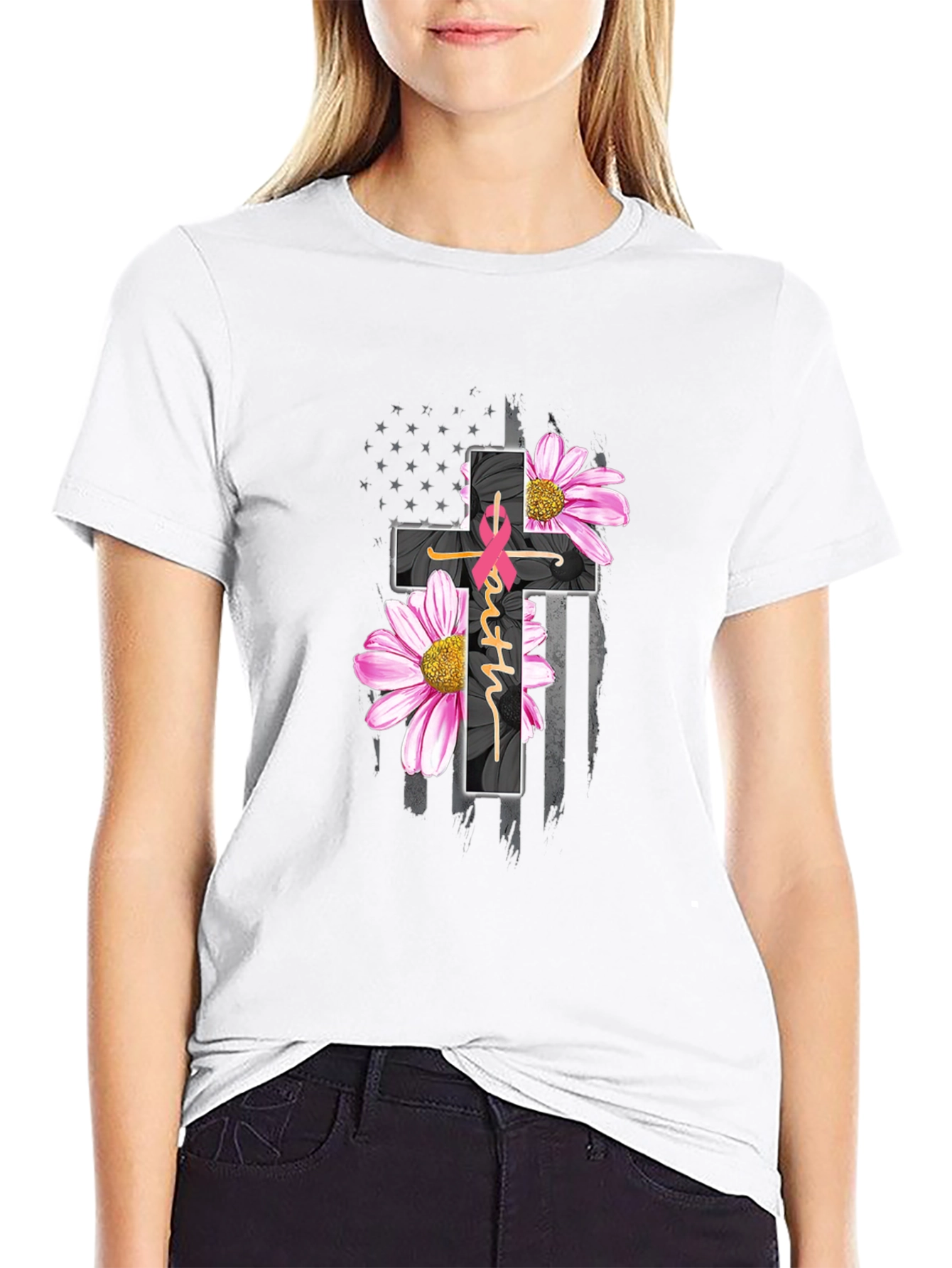 Black Faith Hope Love Breast Cancer Awareness T-Shirt view 9
