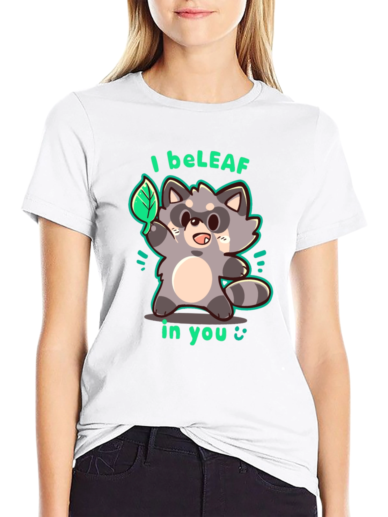 Black I beLEAF in You Raccoon Graphic T-Shirt view 9