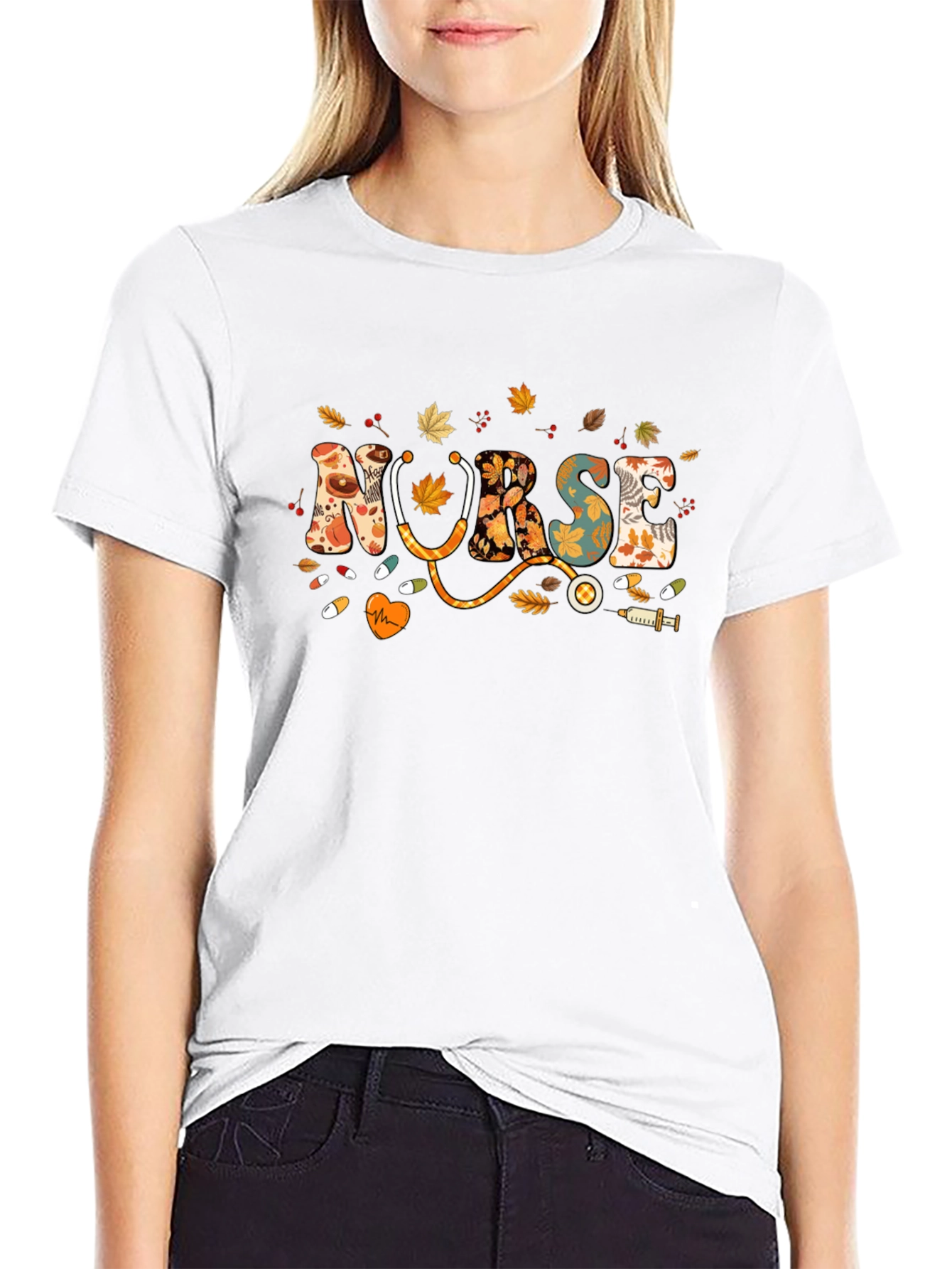 Black Fall Nurse T-Shirt - Autumn Leaves Design view 9
