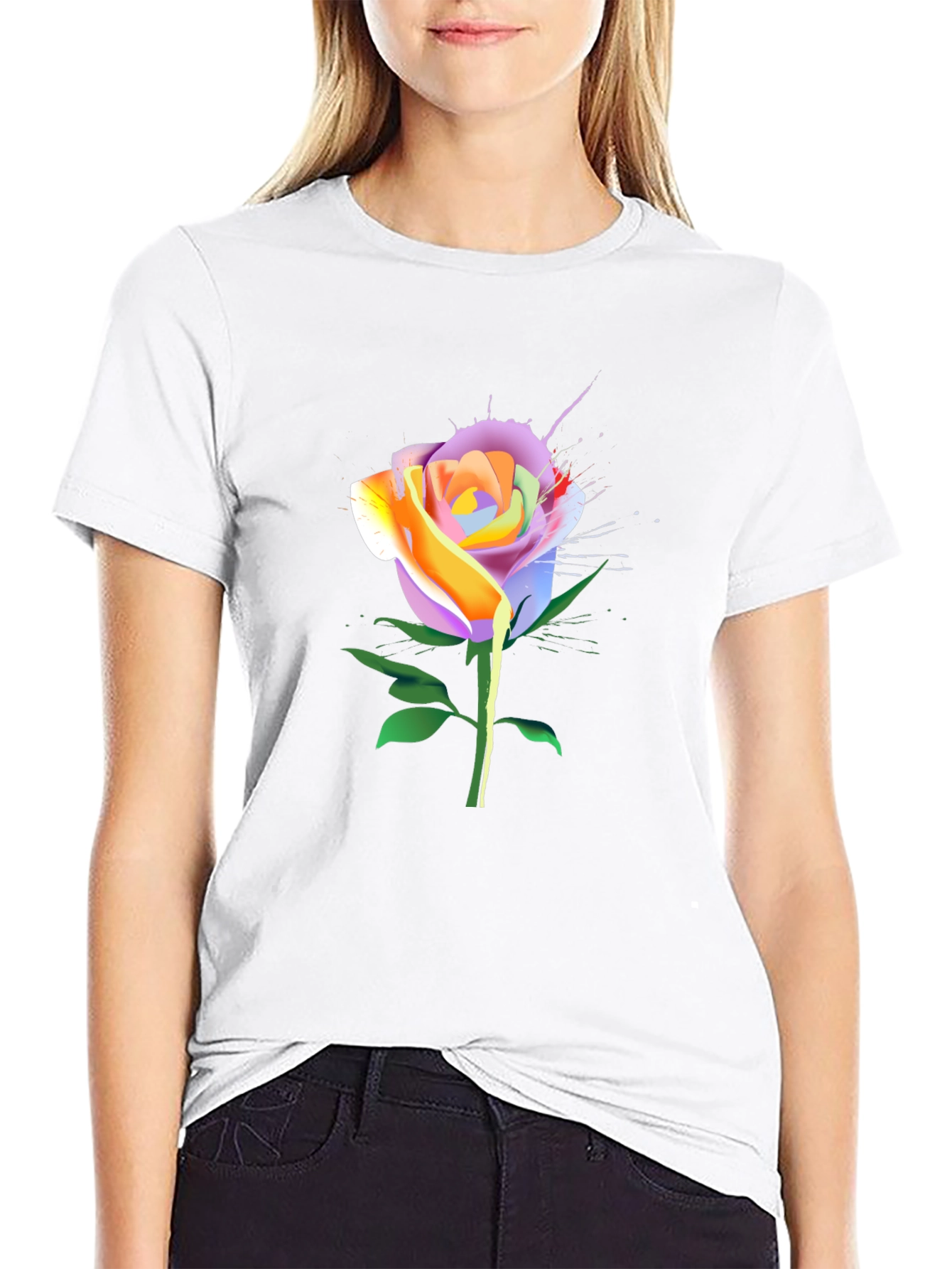 Black Rainbow Rose Graphic Tee - Unique Floral Design view 9
