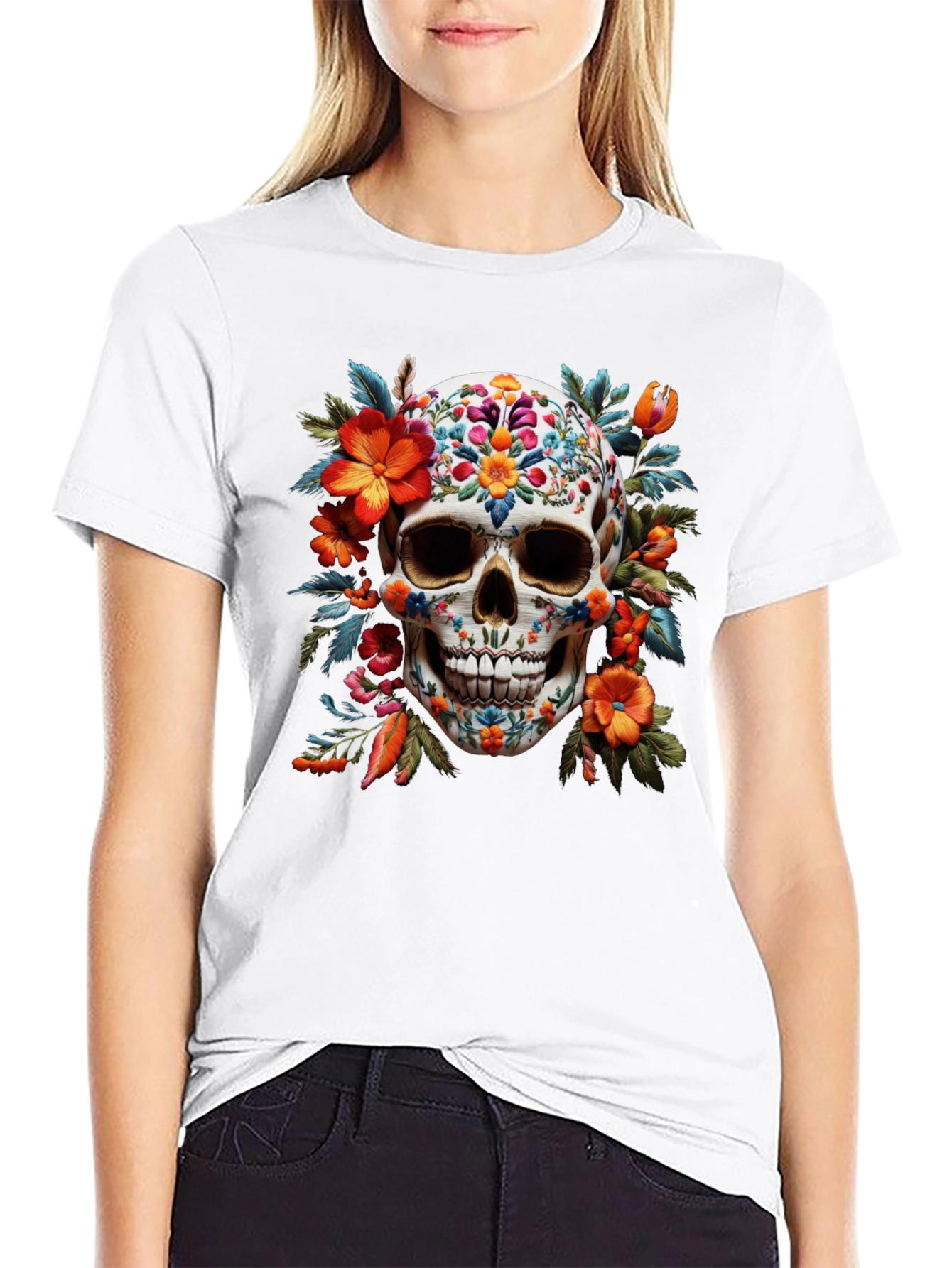 Black Floral Skull Graphic Tee - Day of the Dead view 9