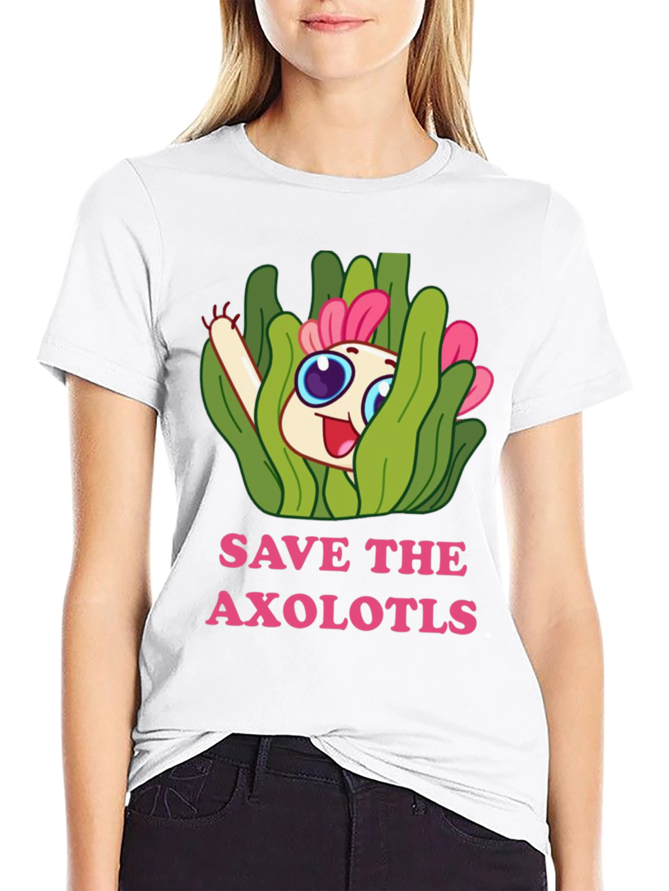 Black Save the Axolotls Cartoon Graphic T-Shirt view 9