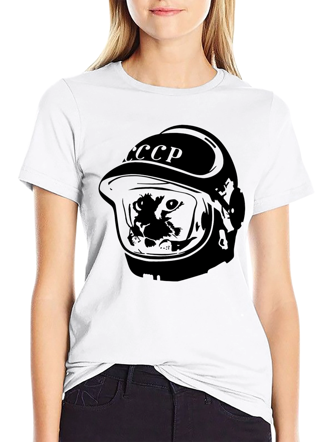 Black Soviet Space Dog T-Shirt - USSR Laika in Helmet view 9