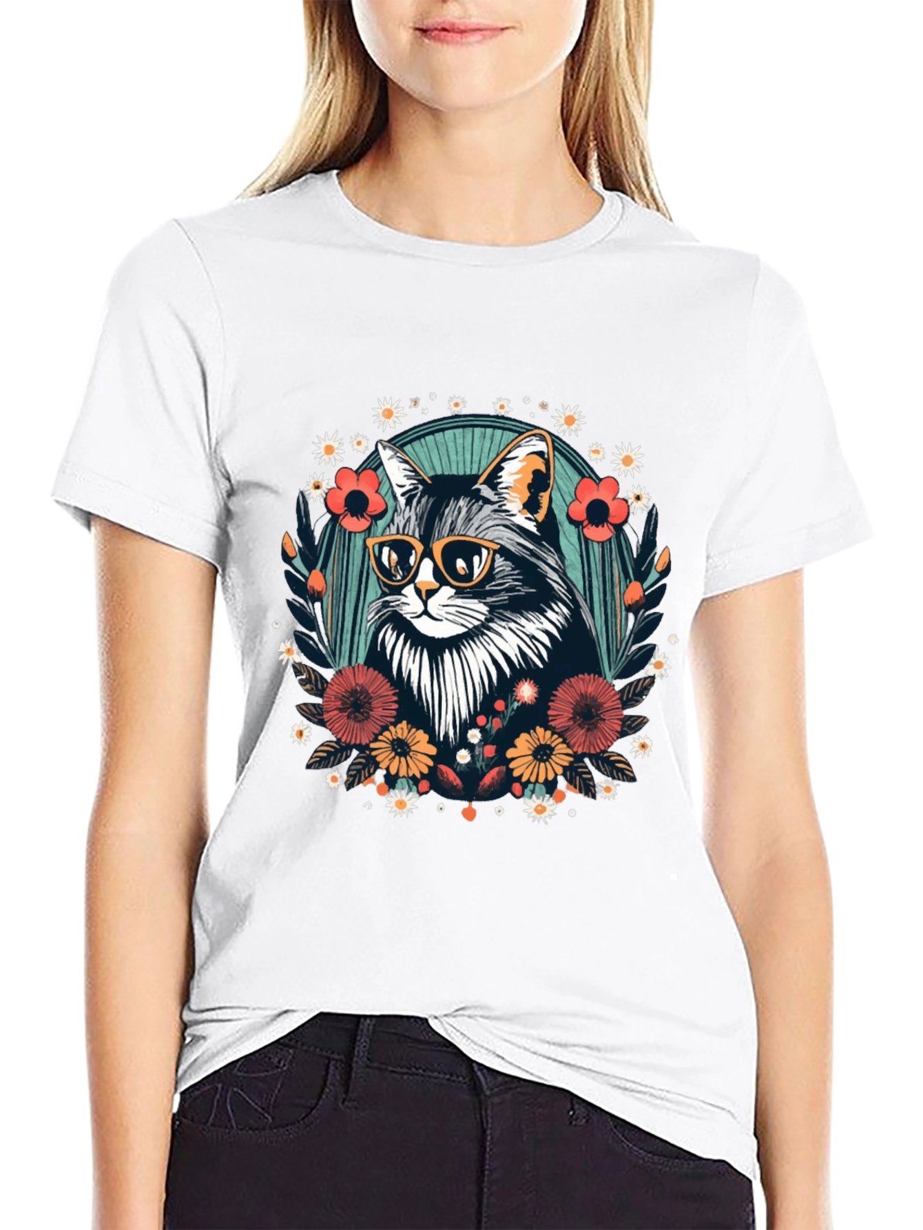 Black Cool Cat Floral Graphic T-Shirt - Unisex view 9