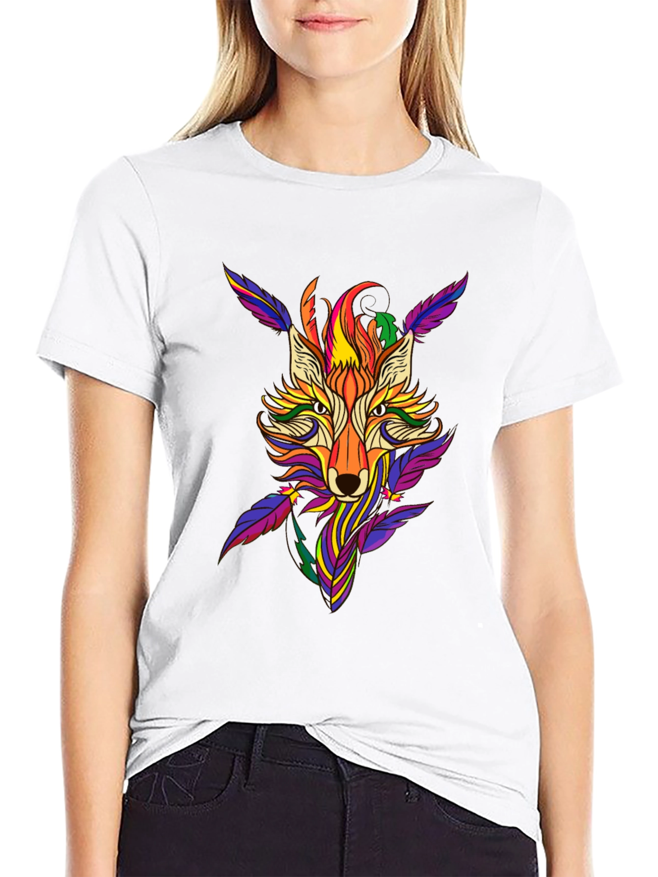 Black Colorful Fox Graphic Print T-Shirt view 9