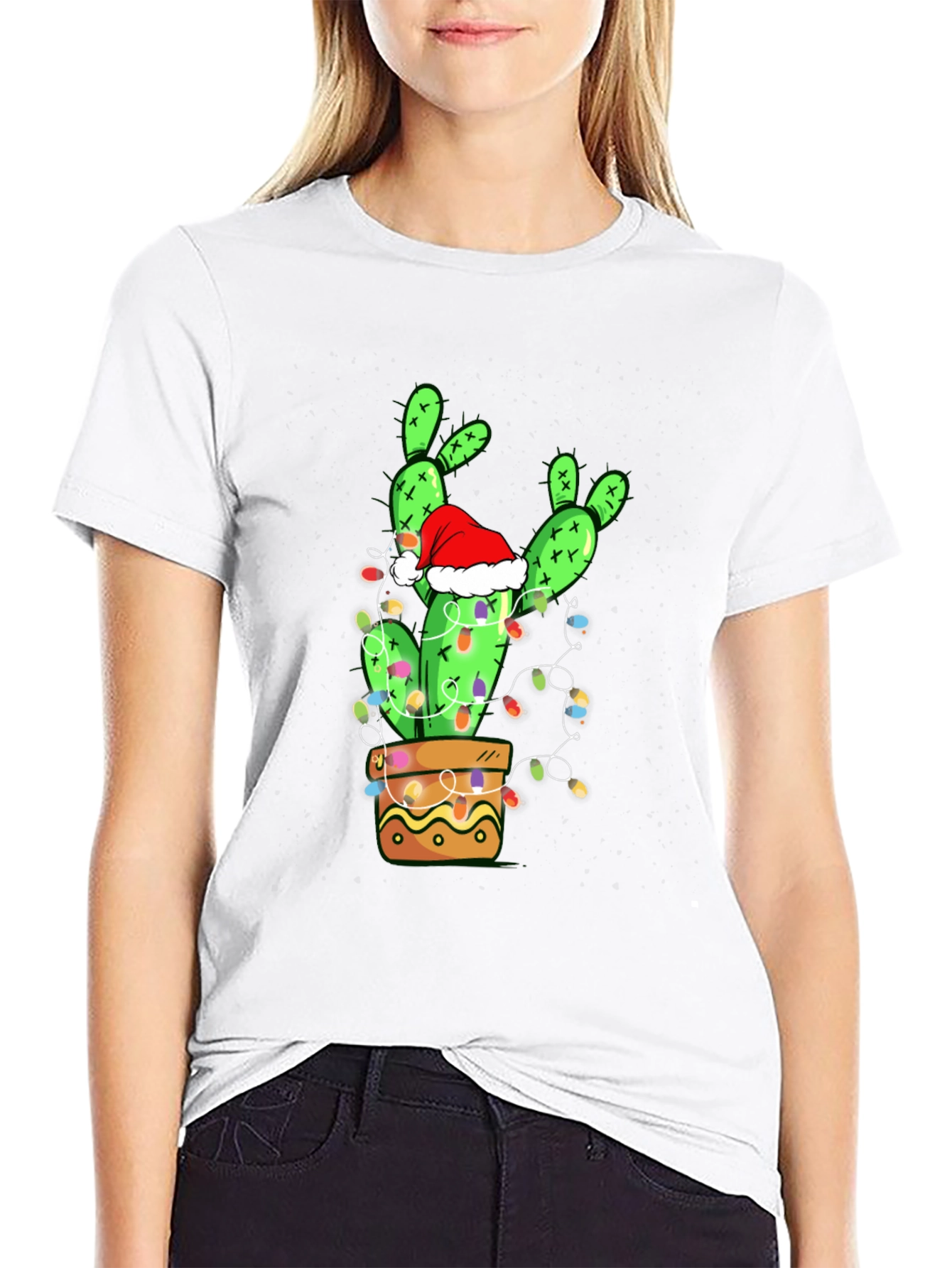 Black Festive Cactus T-Shirt: Christmas Holiday Apparel view 9