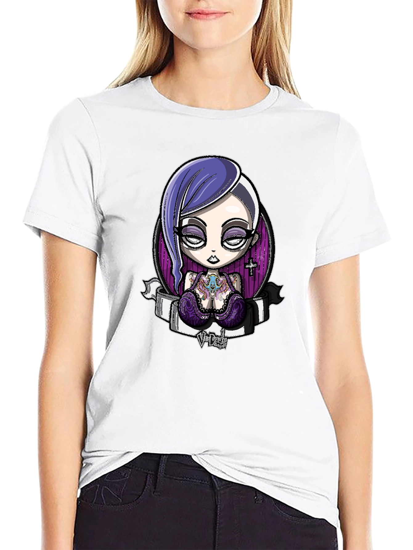 Black Gothic Cartoon Girl Graphic Black T-Shirt view 9