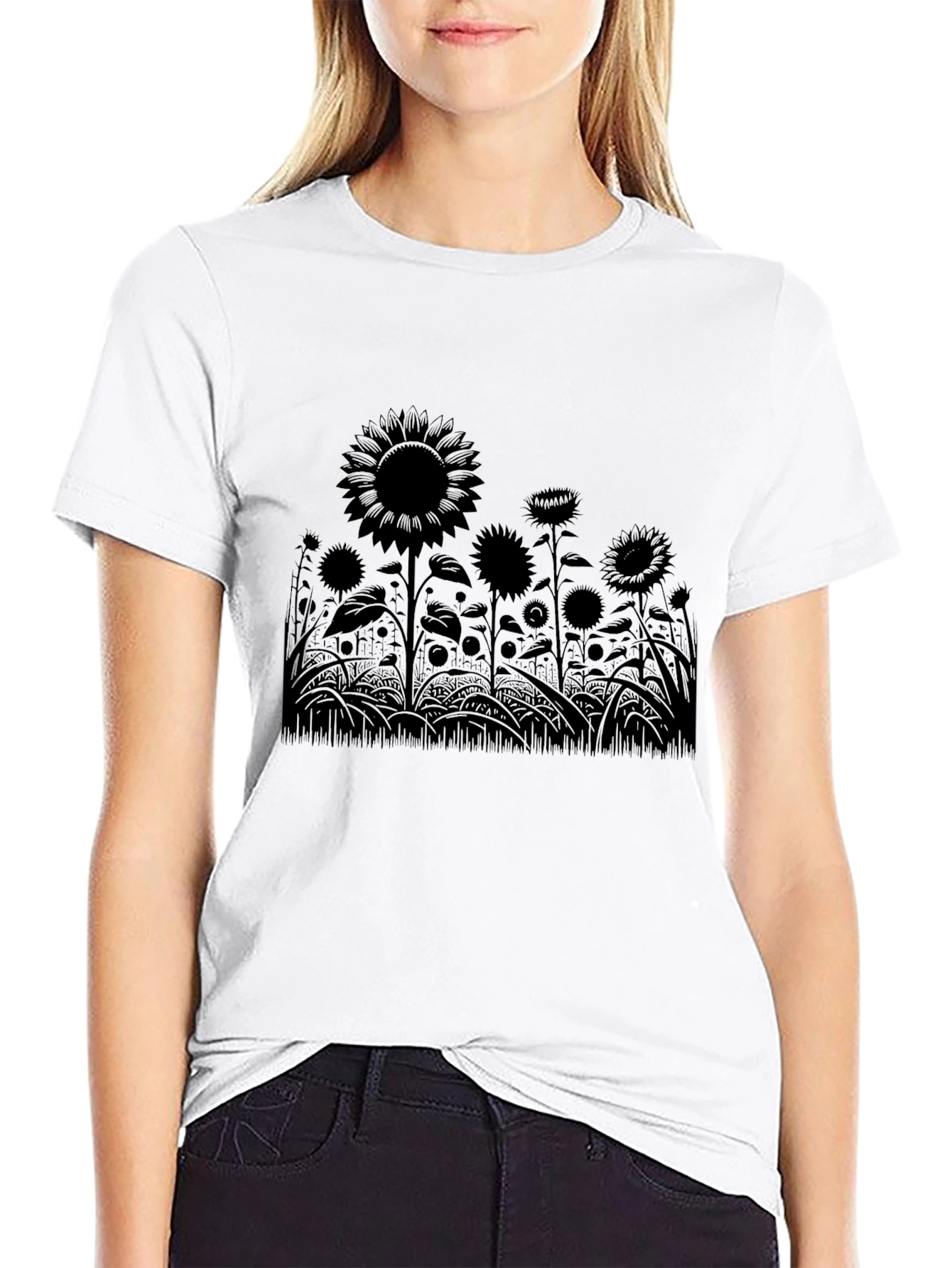 Black Sunflower Silhouette Black T-Shirt view 9
