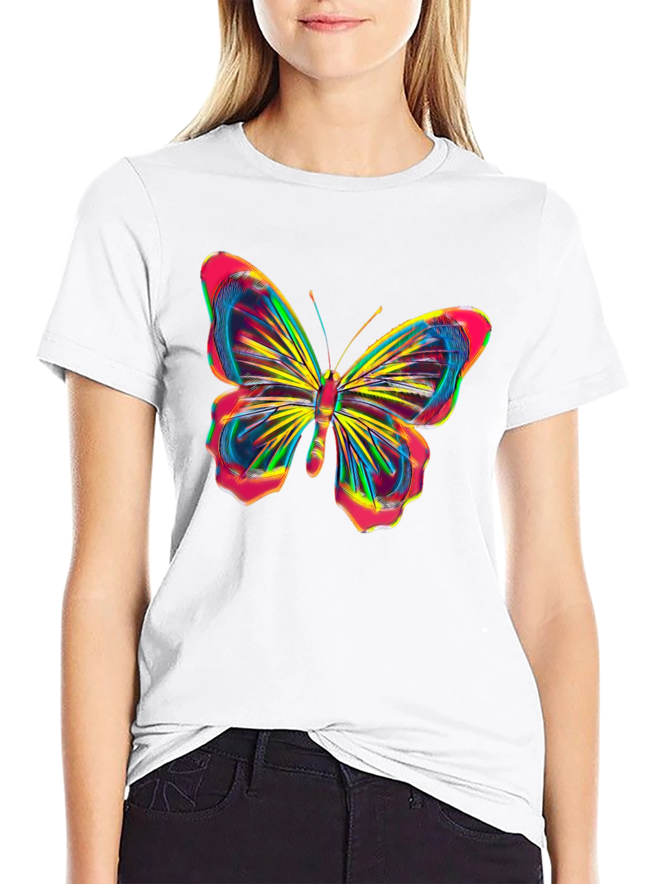 Black Vibrant Butterfly Graphic Tee - Bold Black Cotton Shirt view 9