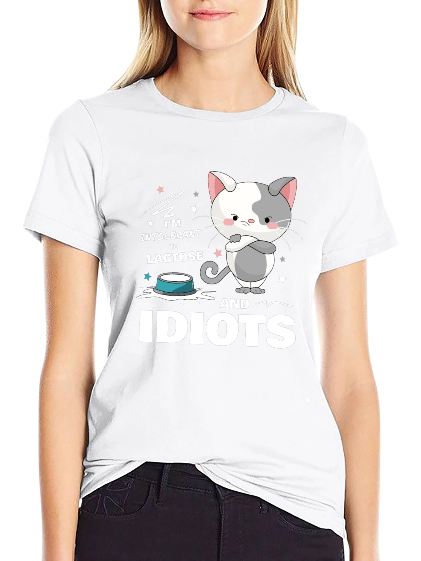 Black Intolerant to Lactose and Idiots Funny Cat T-Shirt view 9