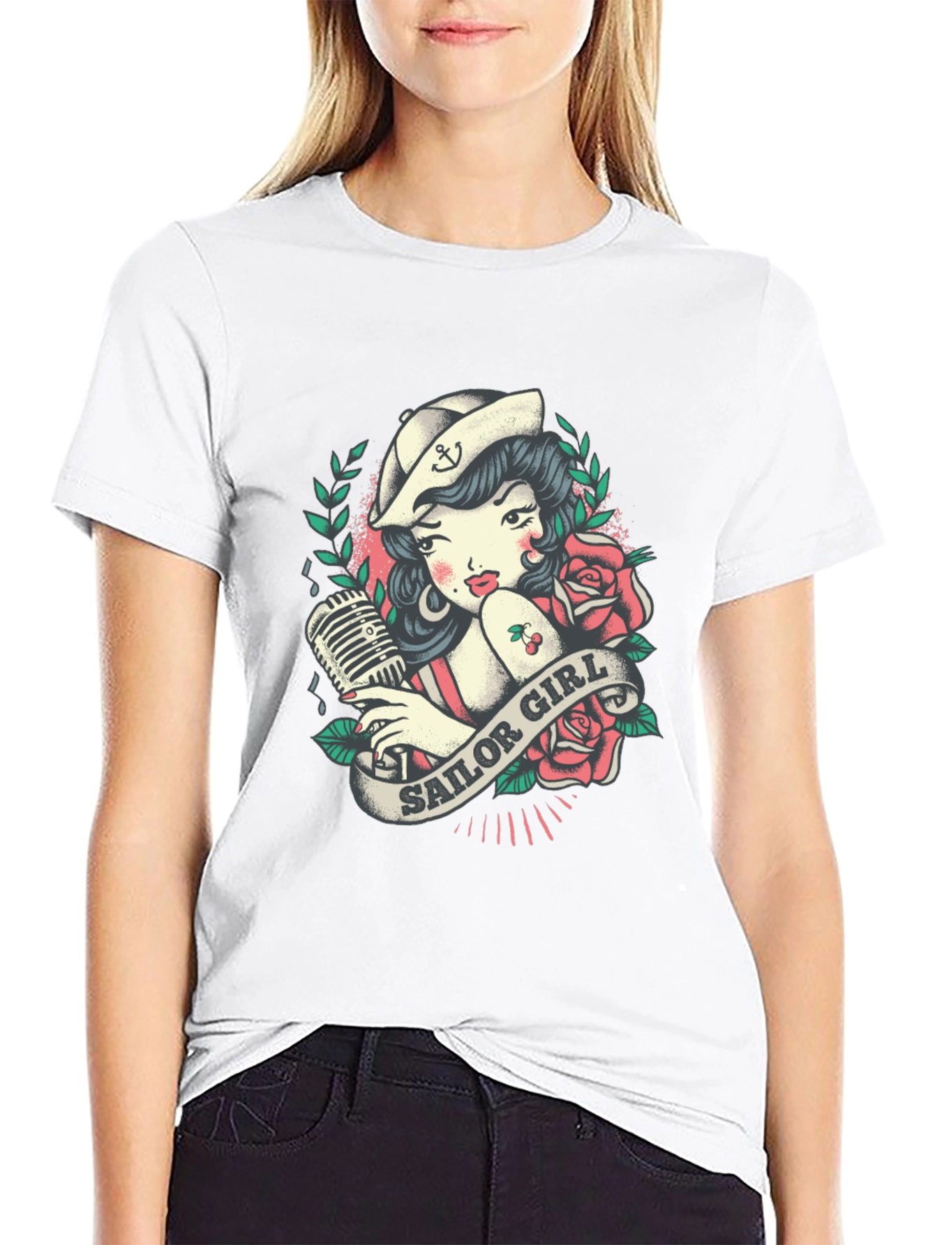 Black Sailor Girl Tattoo Graphic T-Shirt view 9