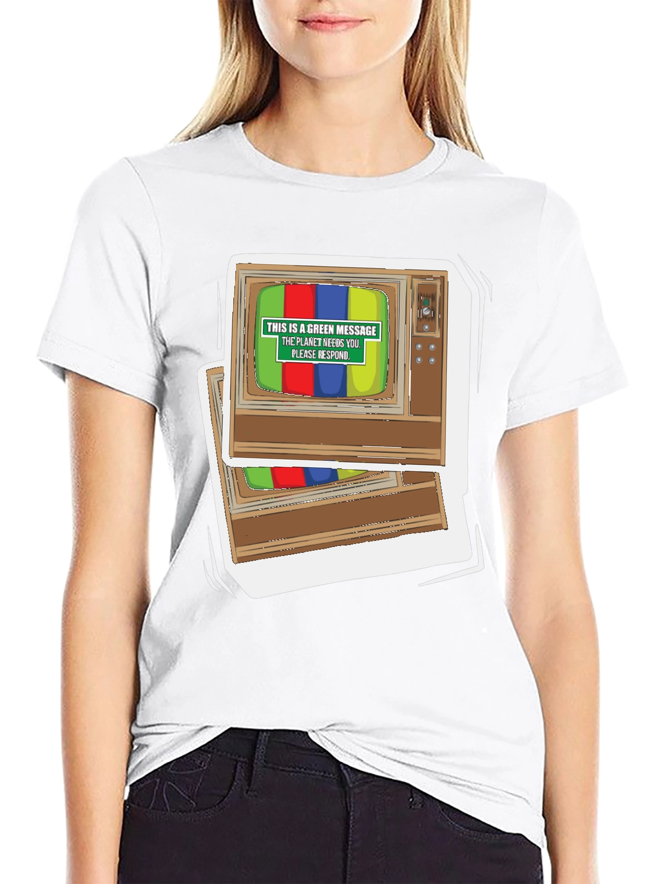 Black Retro TV Green Message Graphic Tee view 9