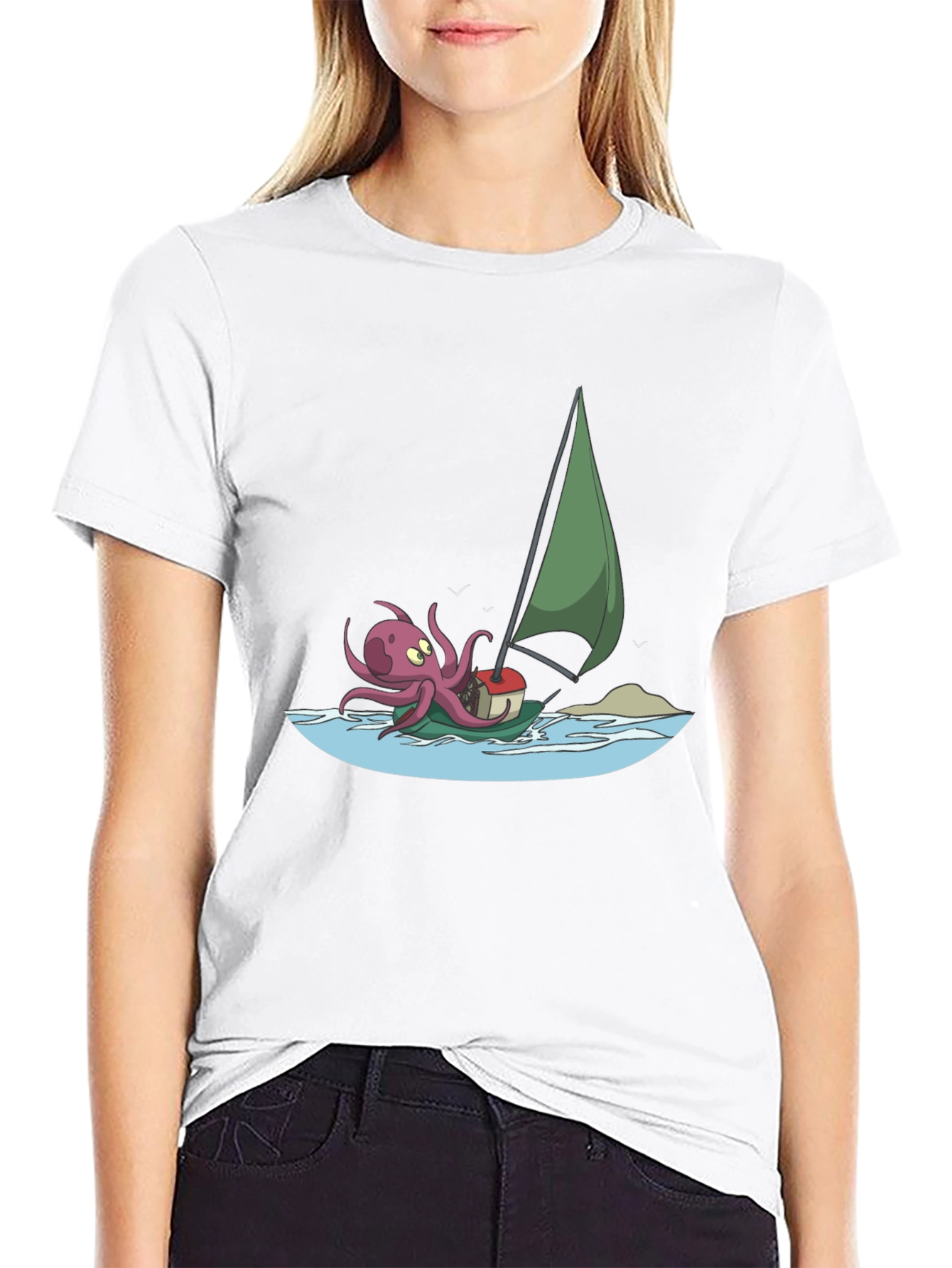 Black Octopus Sailing T-Shirt - Cartoon Design view 9
