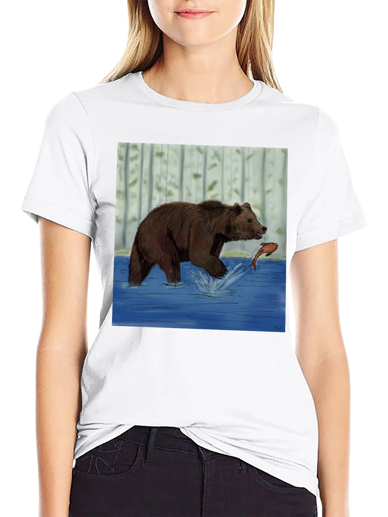 Black Bear and Fish Graphic Tee - Black Cotton Blend view 9