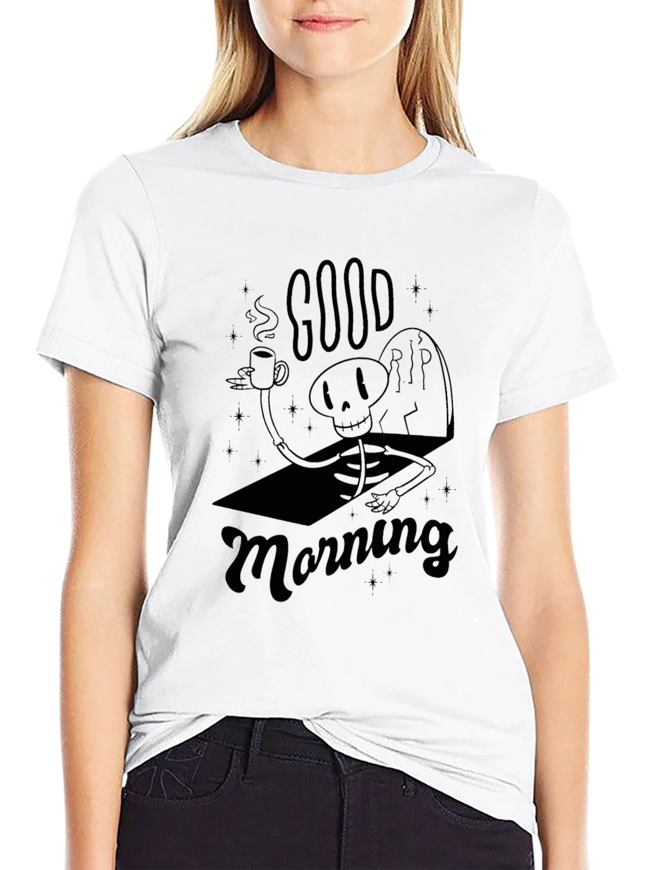 Black Good Morning Skeleton Graphic Tee view 9