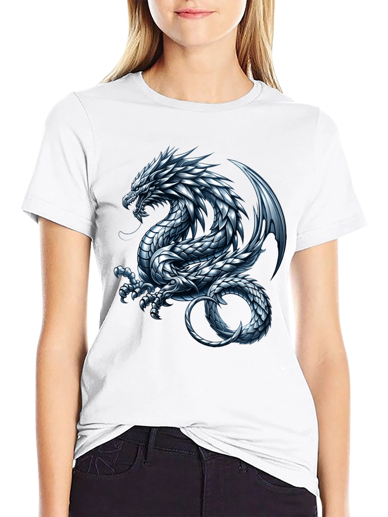 Black Black T-Shirt with Silver Dragon Graphic view 9