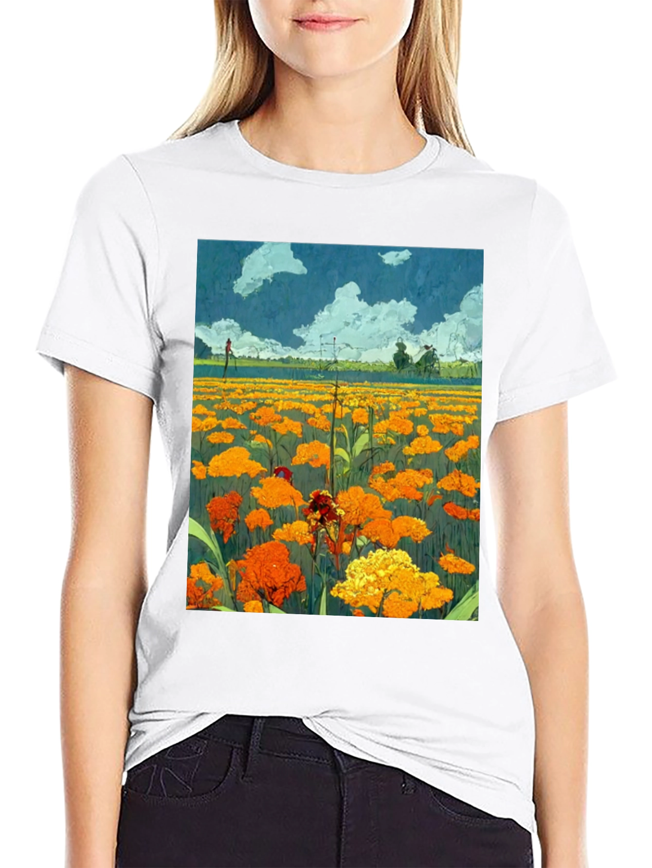 Black Floral Field Print Black T-Shirt view 9