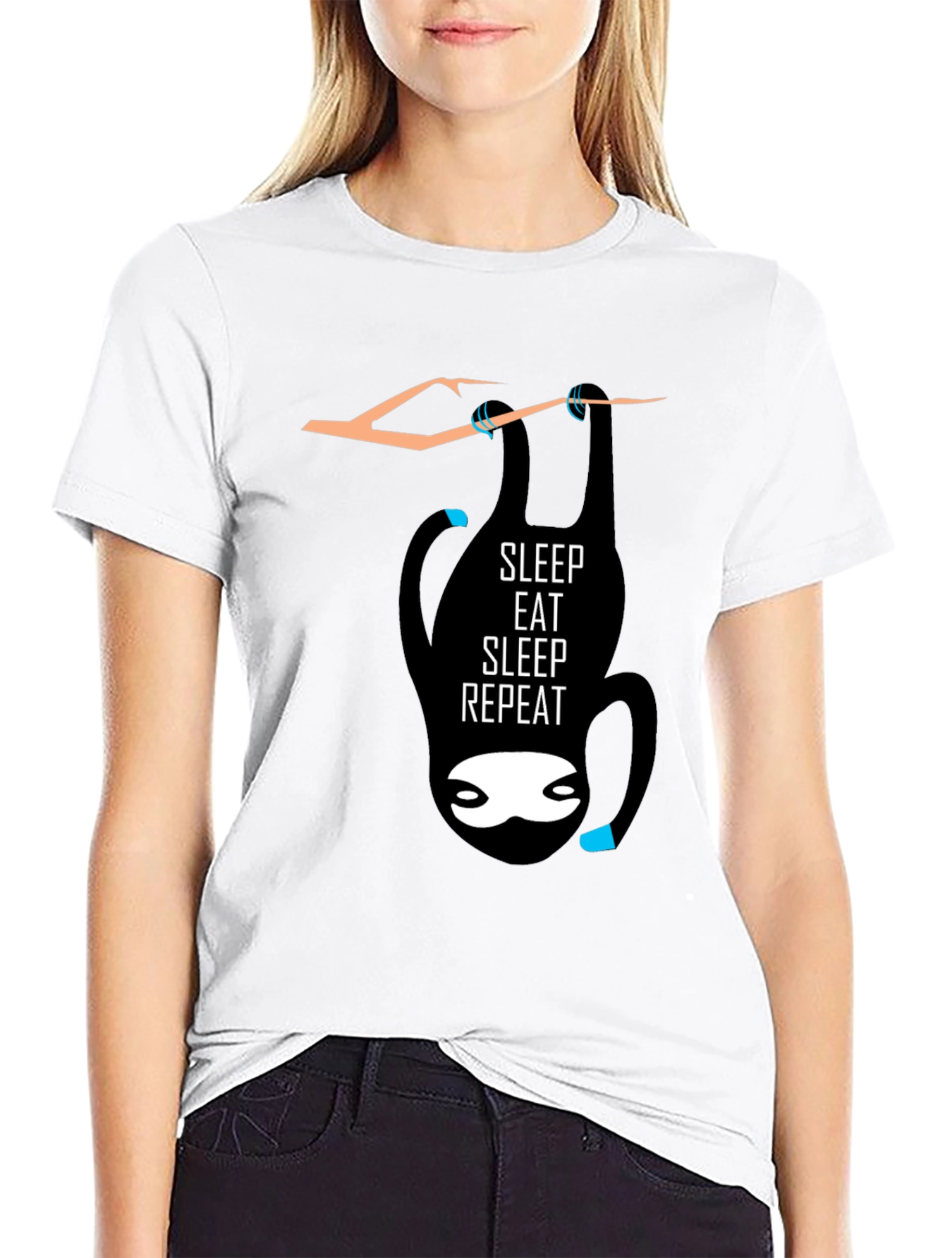 Black Sleep Eat Repeat Sloth Graphic Tee - Black Cotton Casual T-Shirt view 9