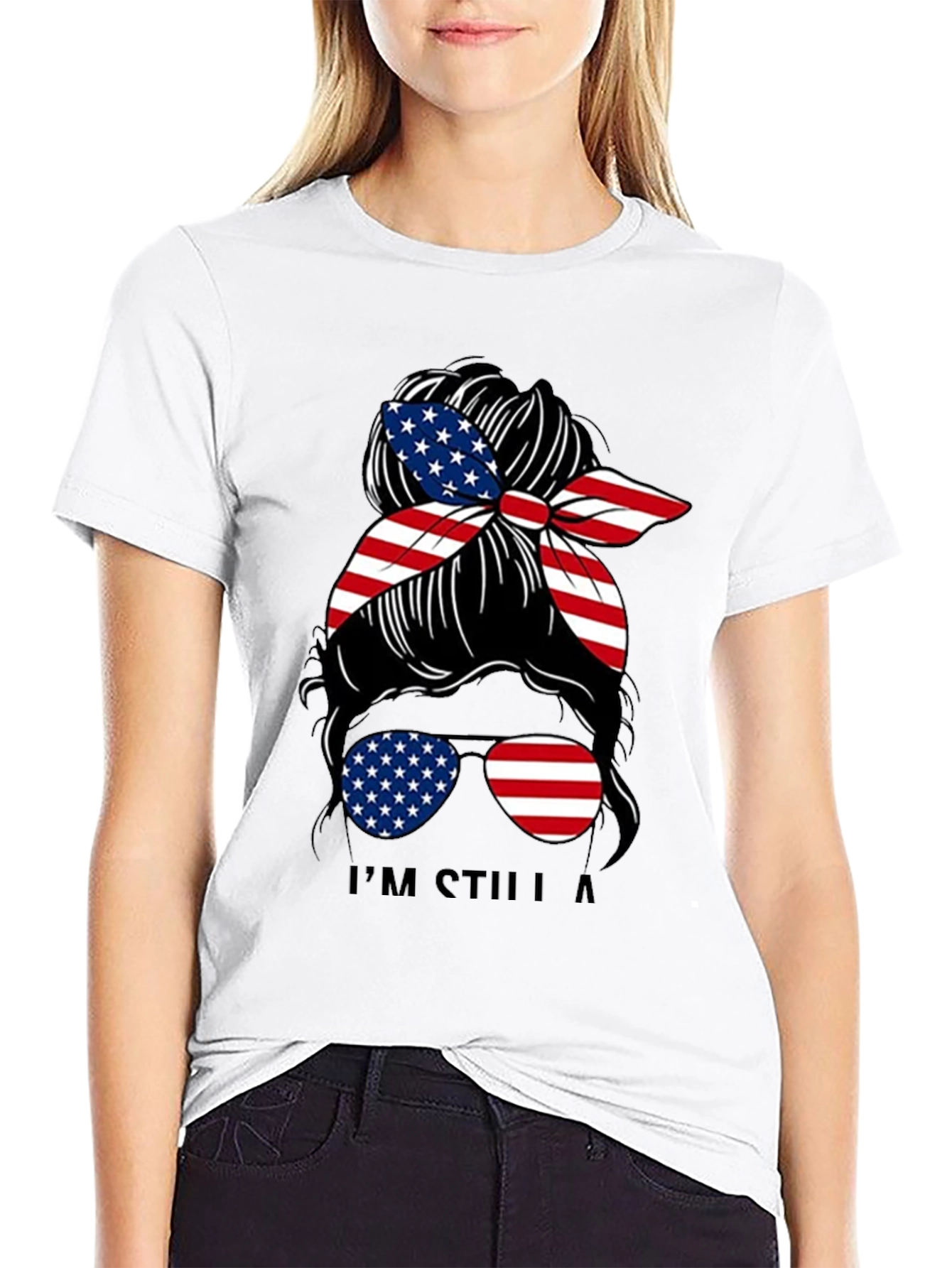 Black Patriotic Messy Bun T-Shirt - American Flag view 9