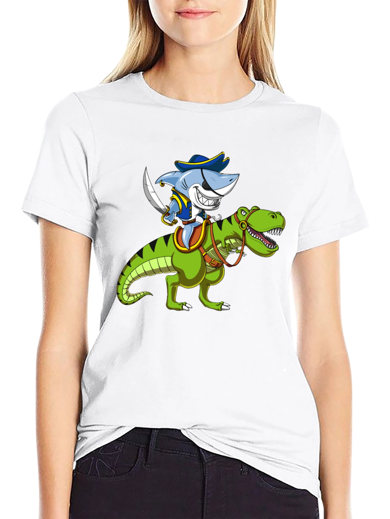 Black Shark Pirate Riding Dinosaur Graphic T-Shirt view 9