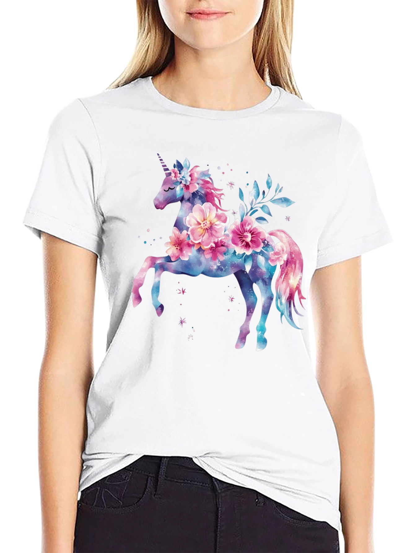 Floral Unicorn Graphic Tee - Black Cotton Blend Shirt - 9