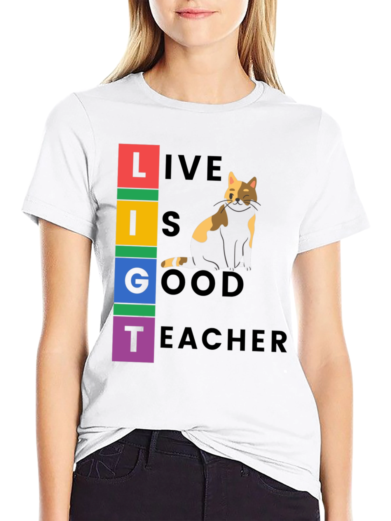 Black Live Is Good Cat Teacher Graphic Tee view 9