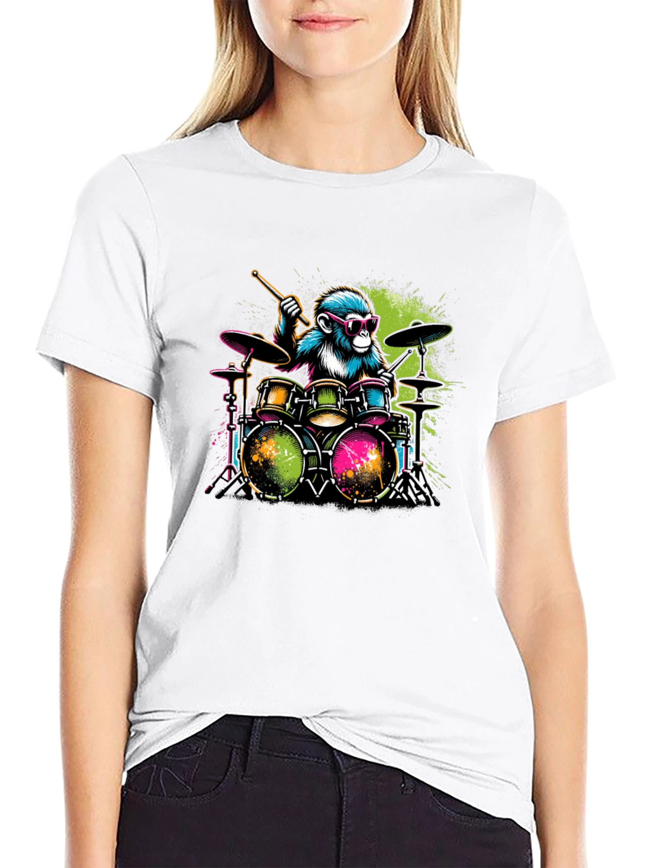 Black Monkey Drummer Graphic T-Shirt - Cool Animal Band Tee view 9