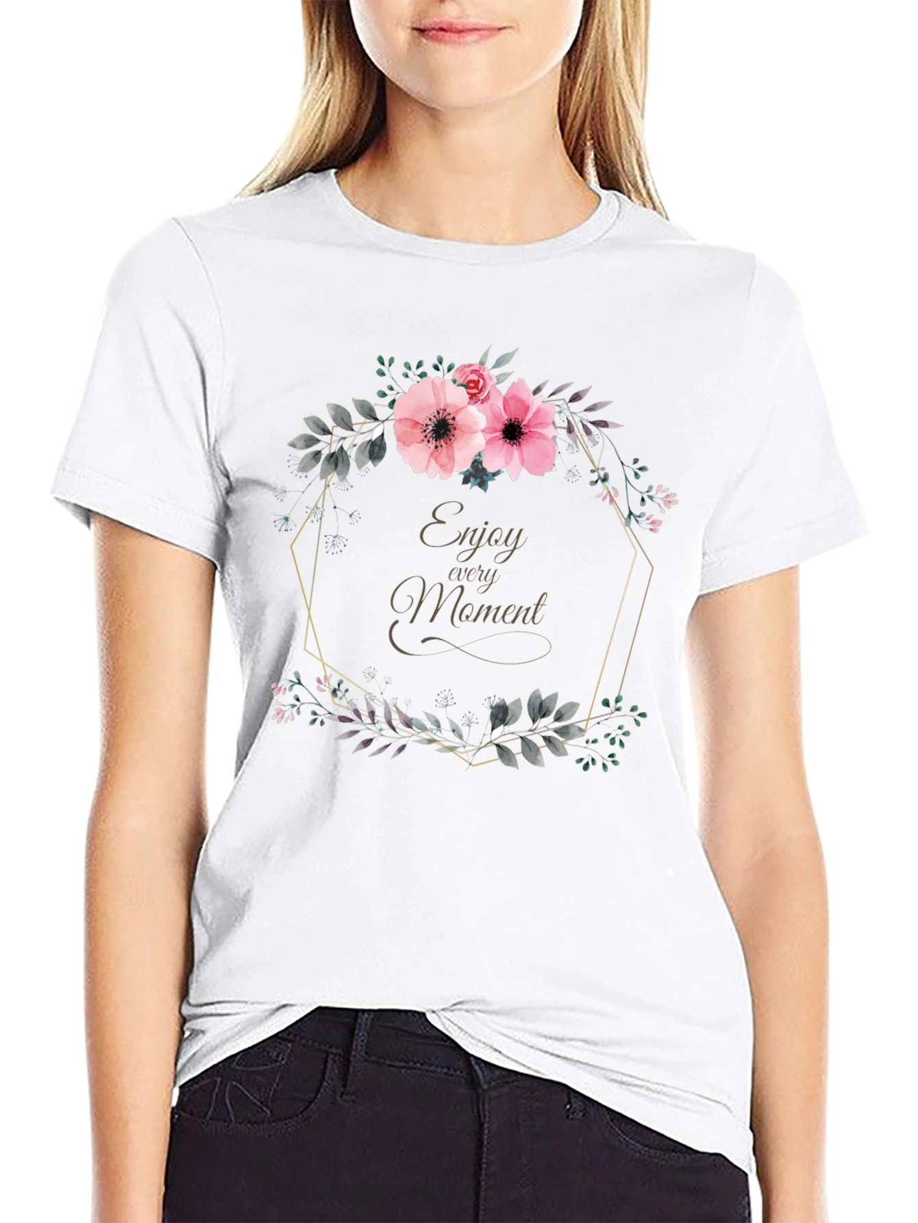 Black Floral Wreath Enjoy Every Moment Black T-Shirt view 9