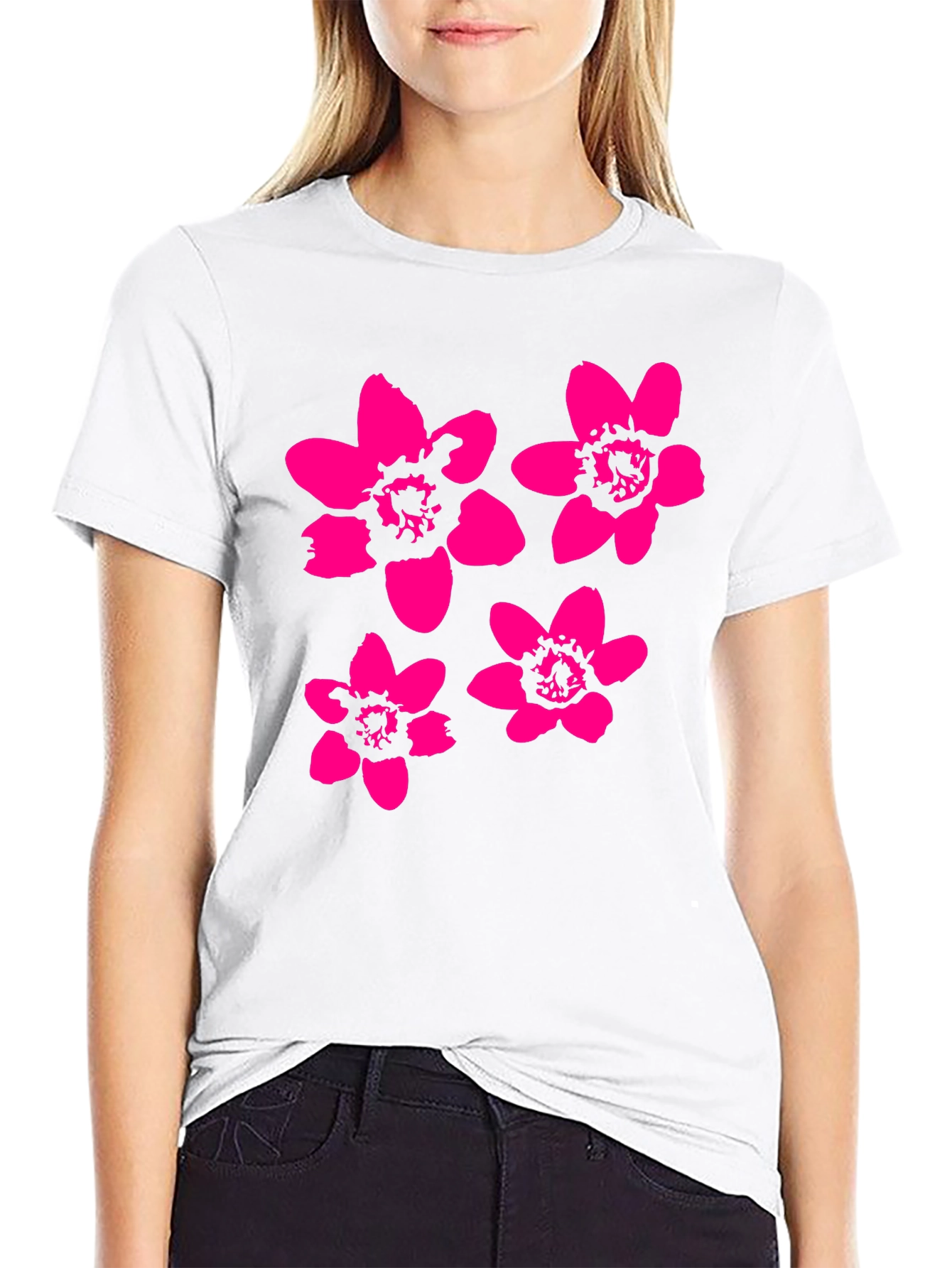 Black Black T-Shirt with Pink Flower Print view 9