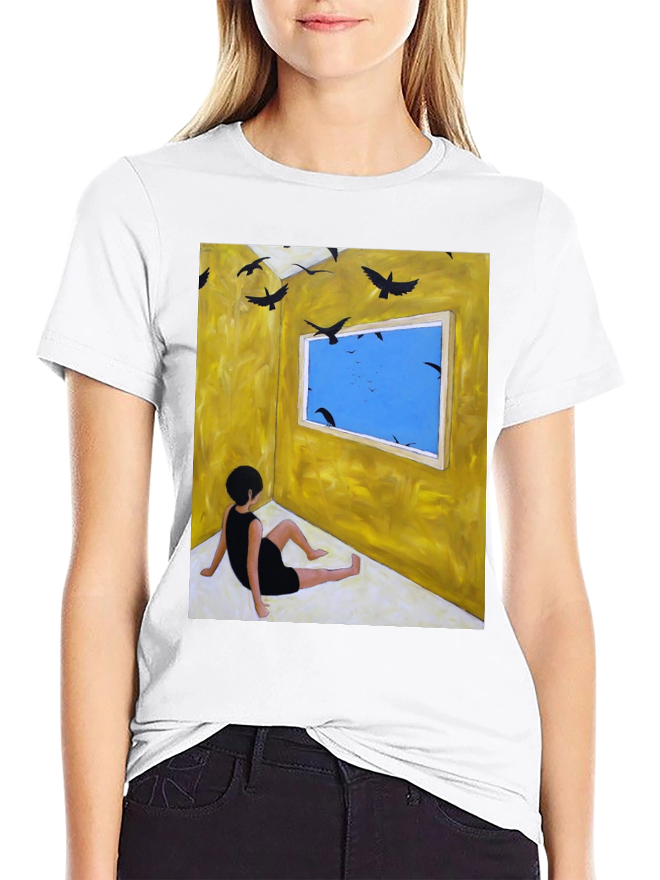 Black Artistic Crow Window Graphic Tee view 9