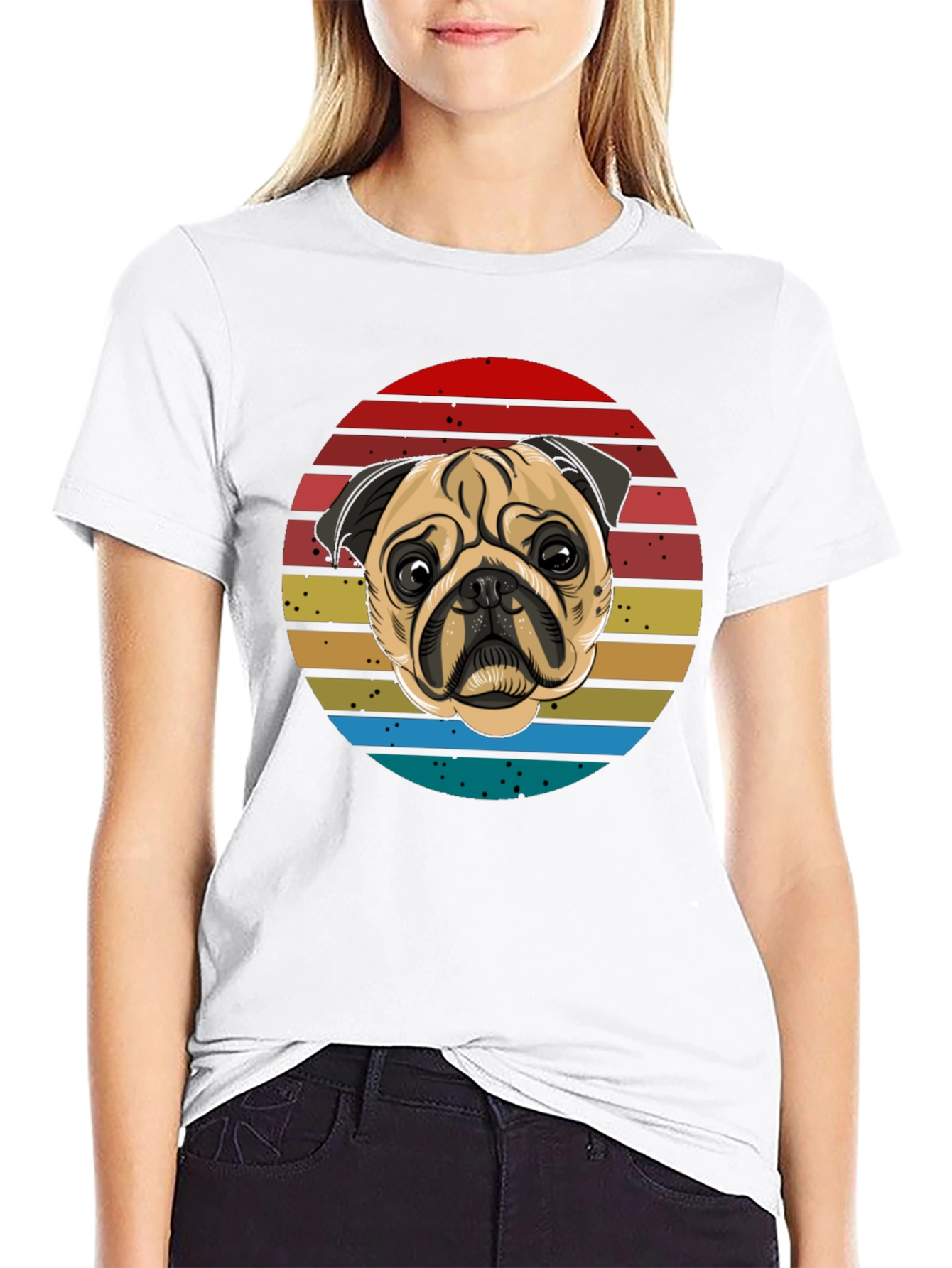 Black Pug Retro T-Shirt, Black Cotton Tee view 9
