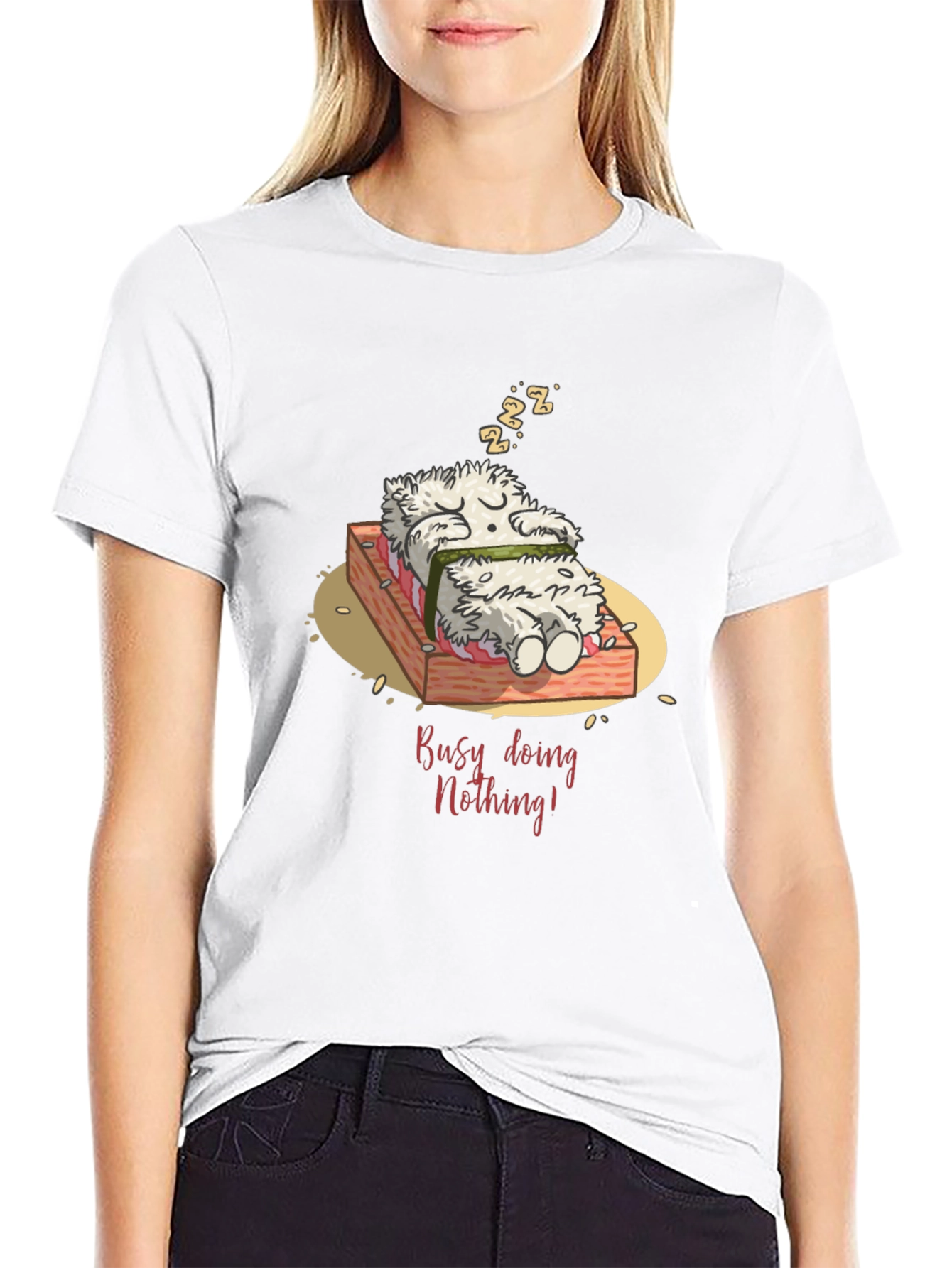Black Funny "Busy Doing Nothing" Sushi Sleeping T-Shirt view 9