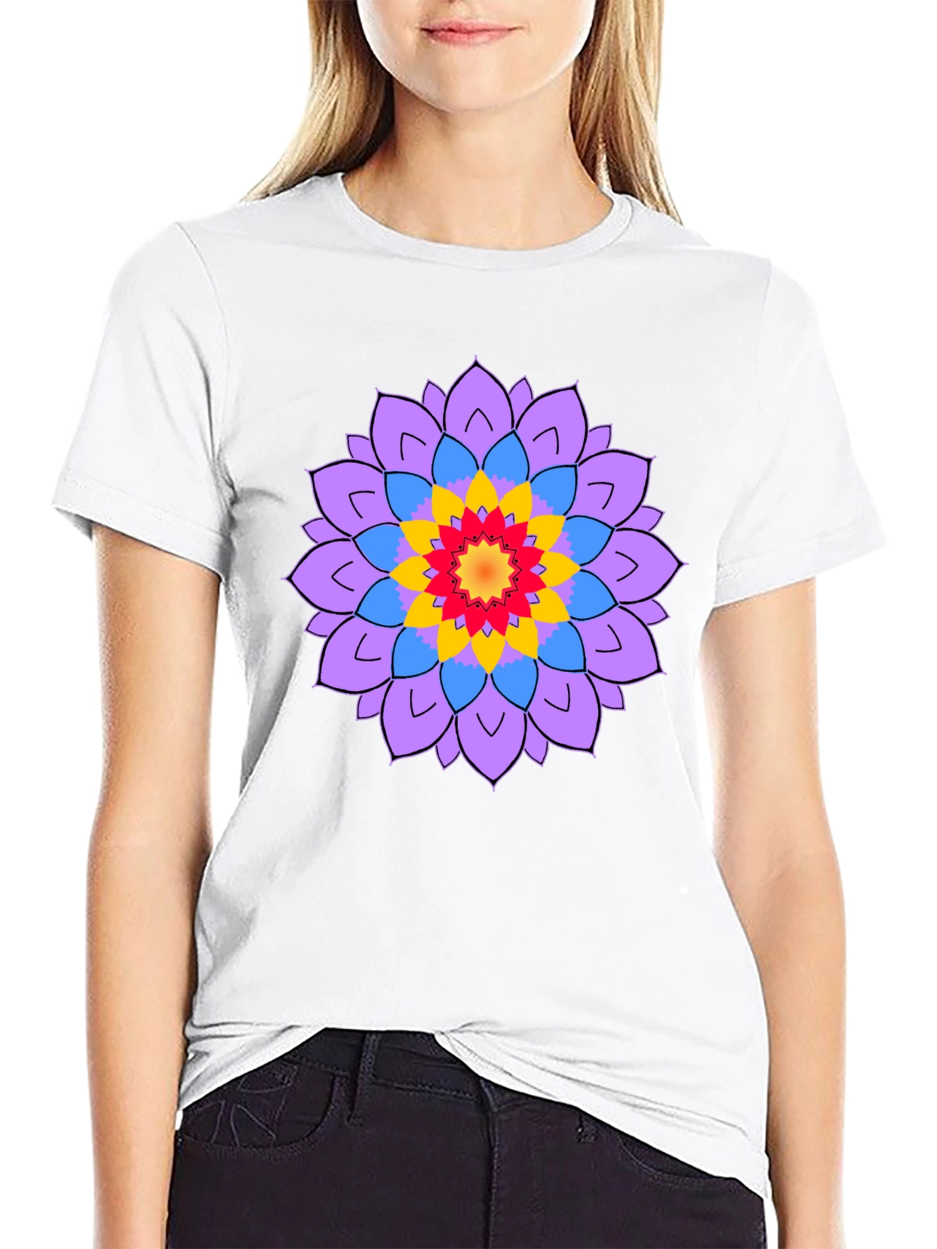 Black Men's Black T-Shirt with Mandala Flower Design view 9